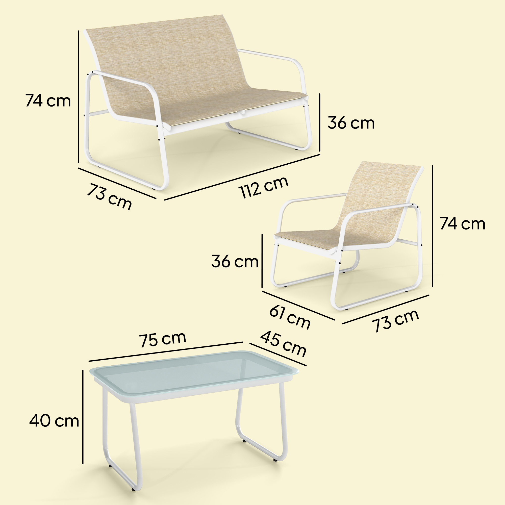 Set di mobili da giardino: divanetto, poltrona e tavolo con misure.
