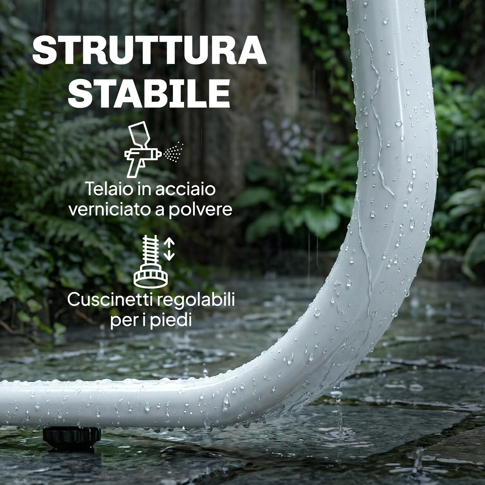 Struttura metallica bianca con gocce di pioggia all'esterno.