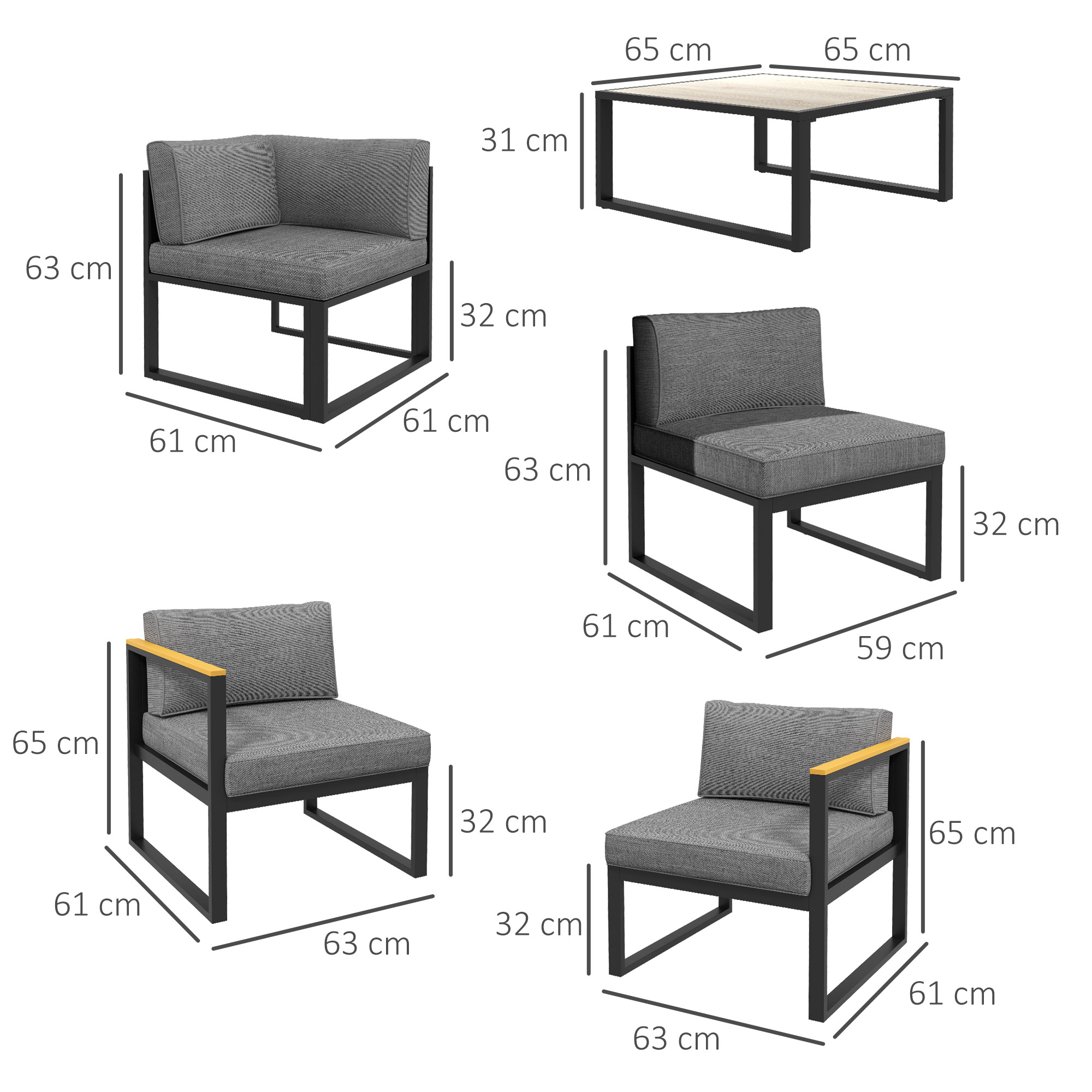Mobili da giardino grigi con dimensioni: divano angolare, tavolino, poltrona.