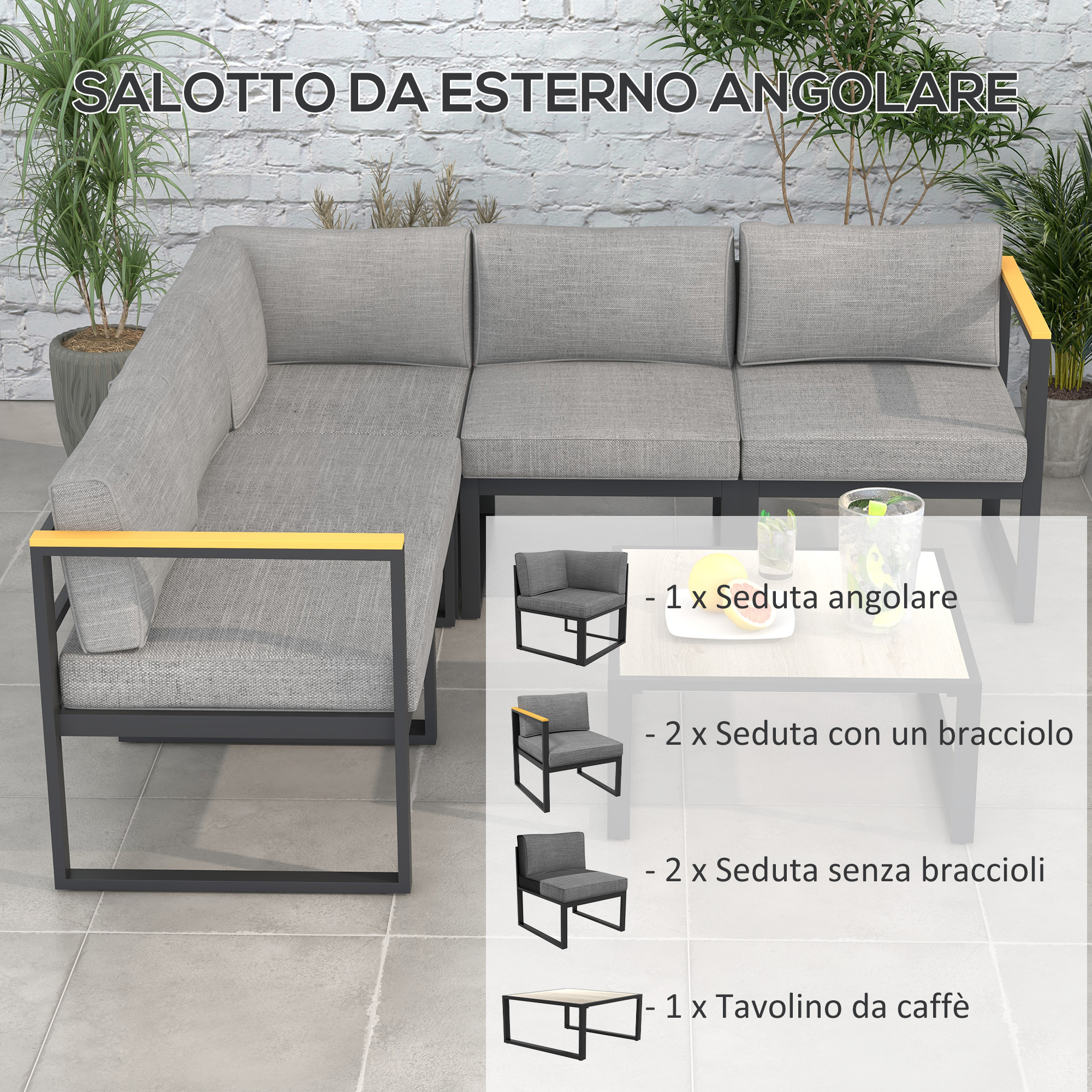 Divano angolare da esterno grigio con accenti gialli, piante e bevande.