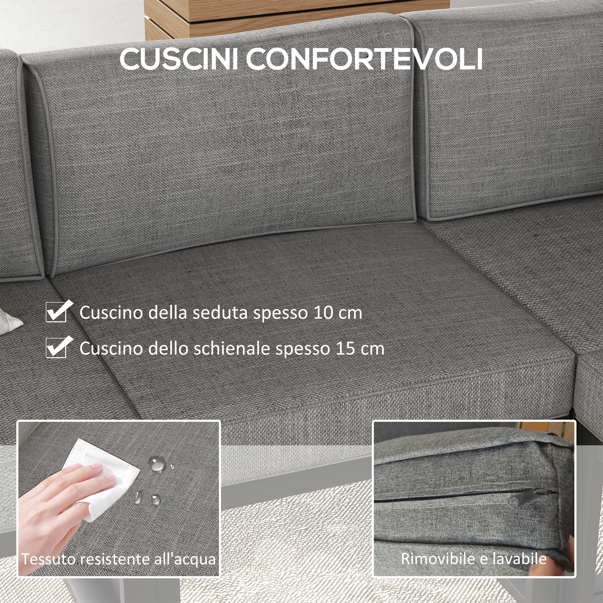 Divano grigio con cuscini comodi, seduta 10cm e schienale 15cm. Resistente all'acqua.