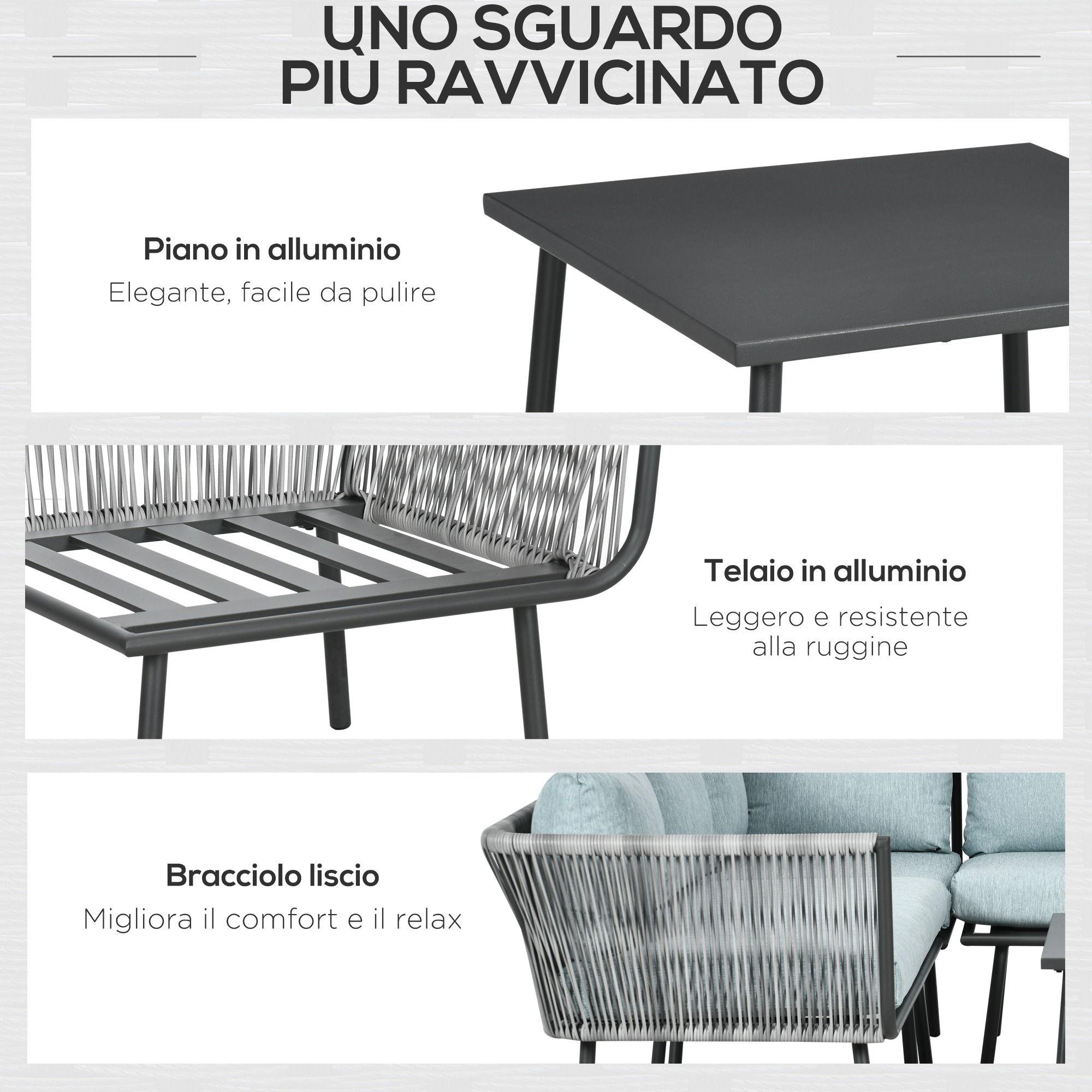 Un tavolo in alluminio grigio scuro e una sedia intrecciata con cuscini.