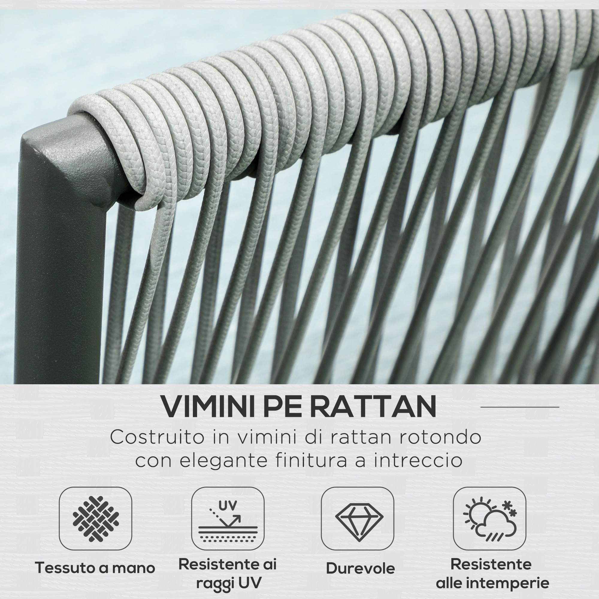 Corda di rattan grigia su telaio in metallo scuro, primo piano, motivo intrecciato.