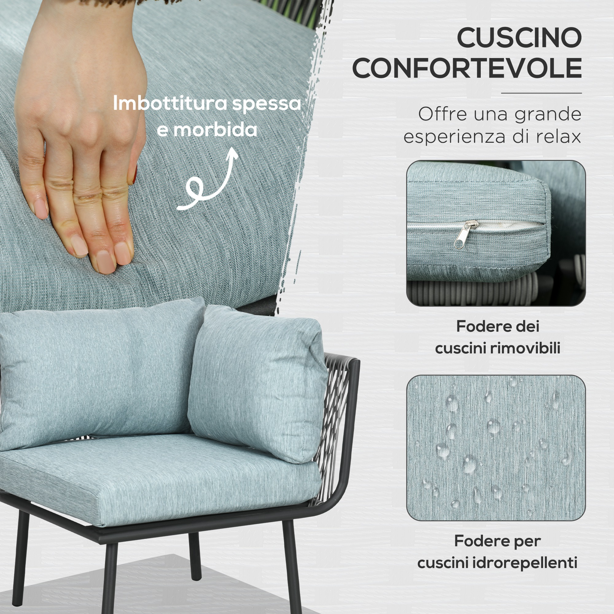 Un morbido cuscino azzurro spesso su una sedia nera con accenti in rattan.