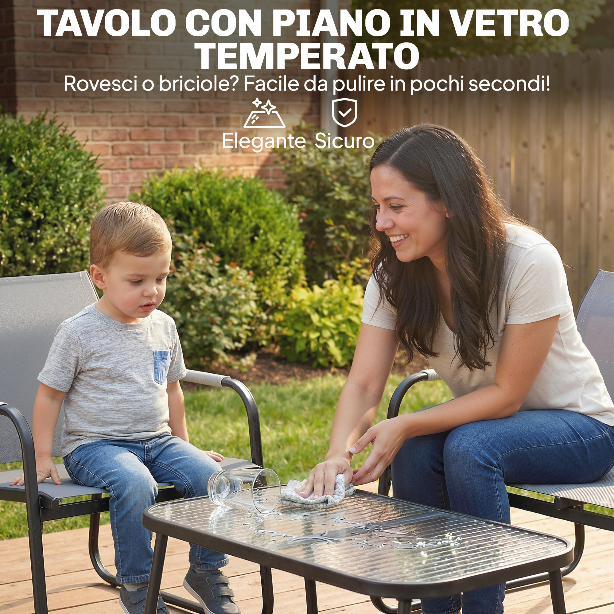 Donna pulisce tavolo. Bambino seduto vicino. All'aperto su un ponte di legno.