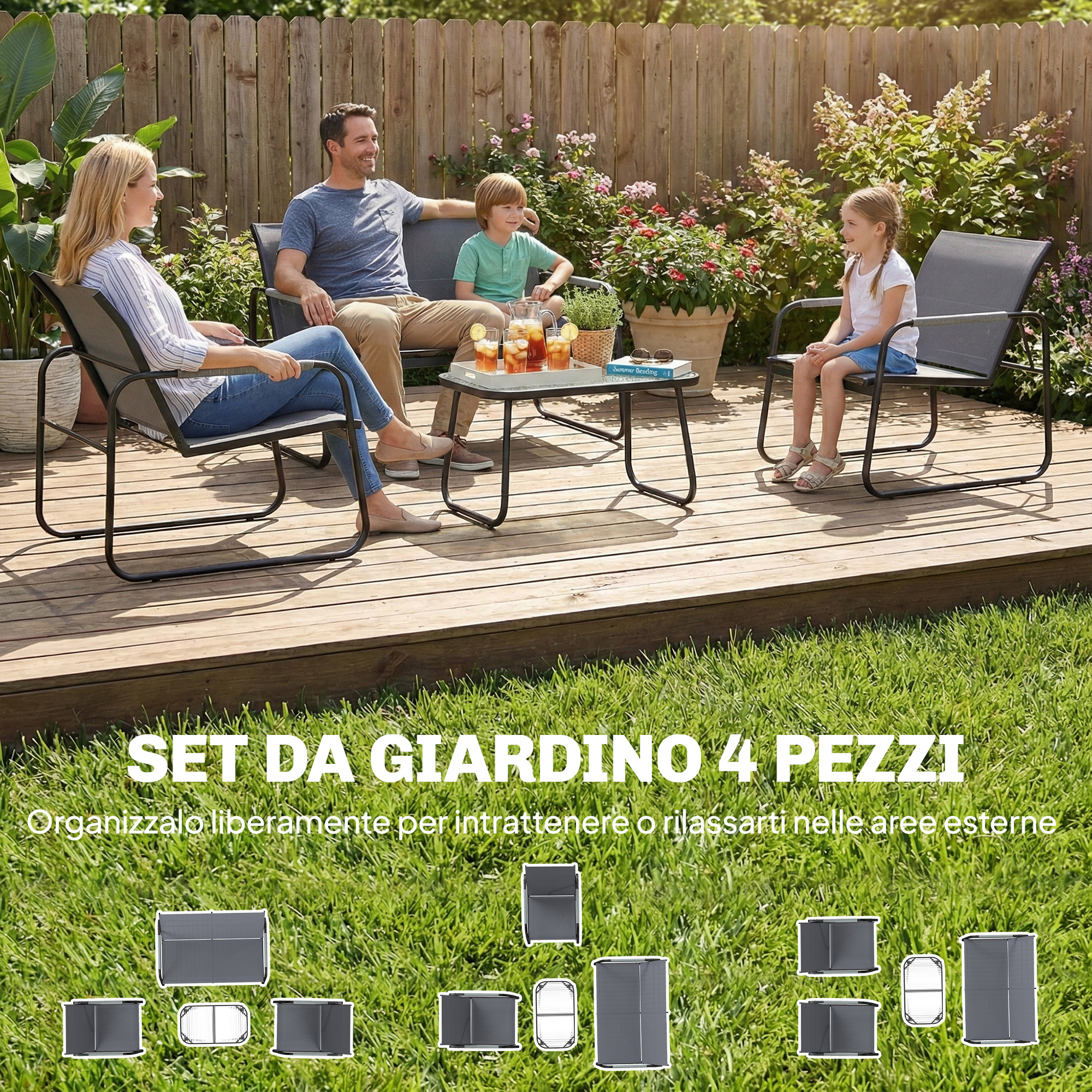 Famiglia su una terrazza in legno con mobili da giardino e fiori.
