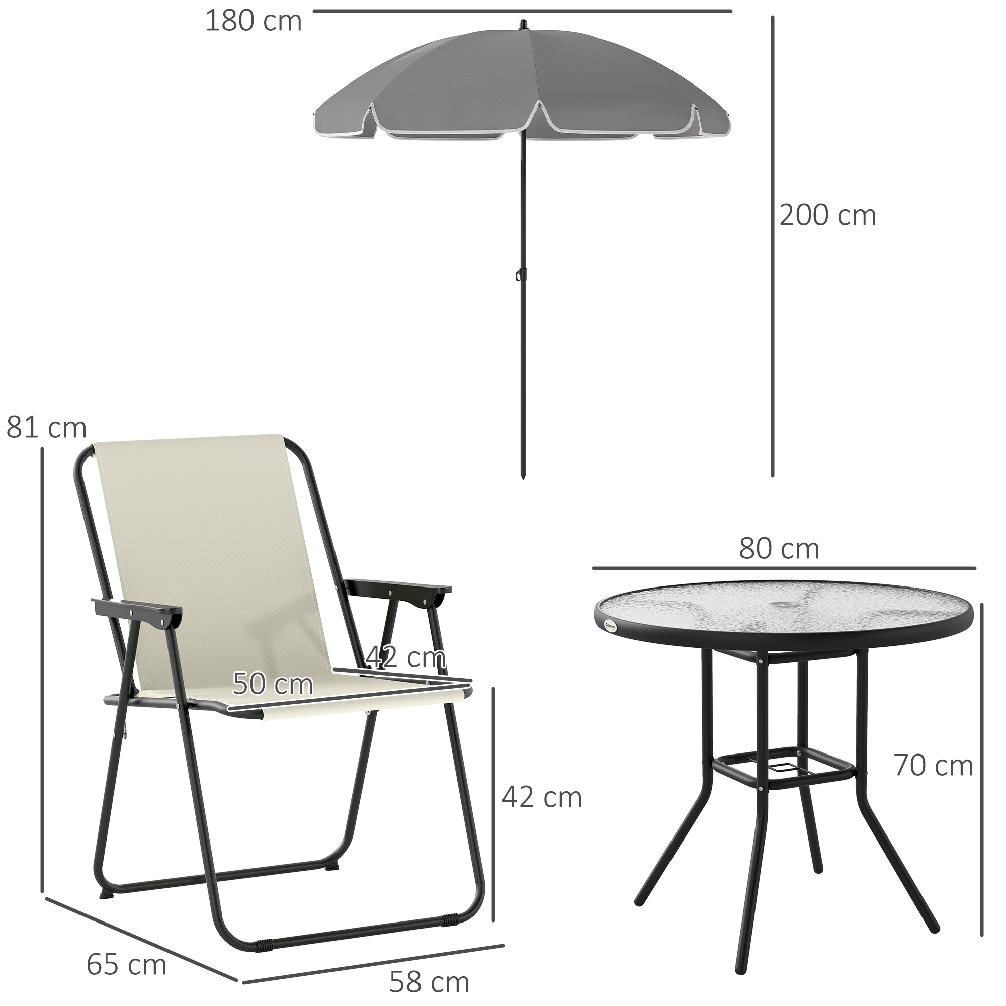 Set di mobili da esterno: ombrellone grigio, sedia beige/nera, tavolo di vetro.