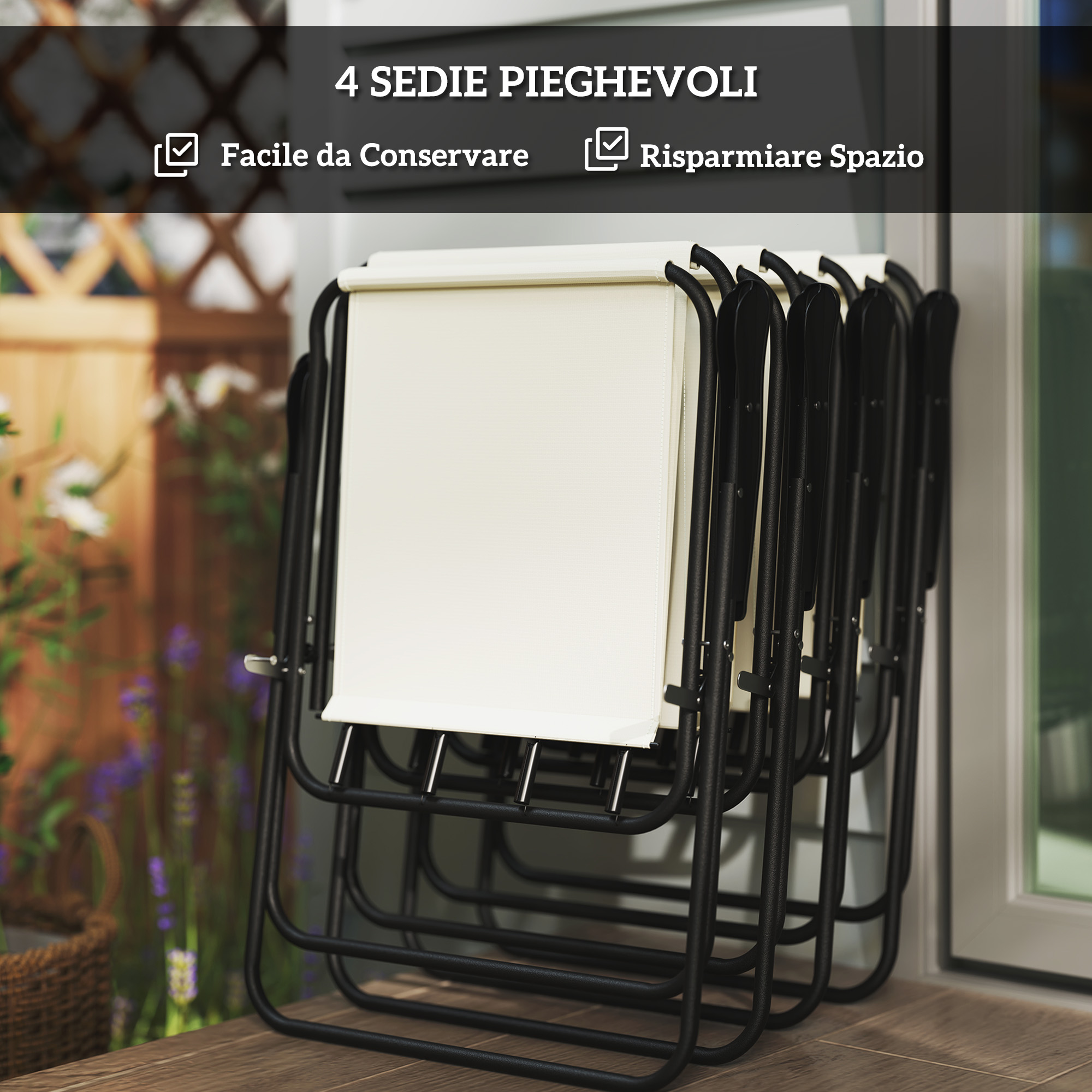 Quattro sedie pieghevoli impilate con sedute color crema e struttura in metallo nero.