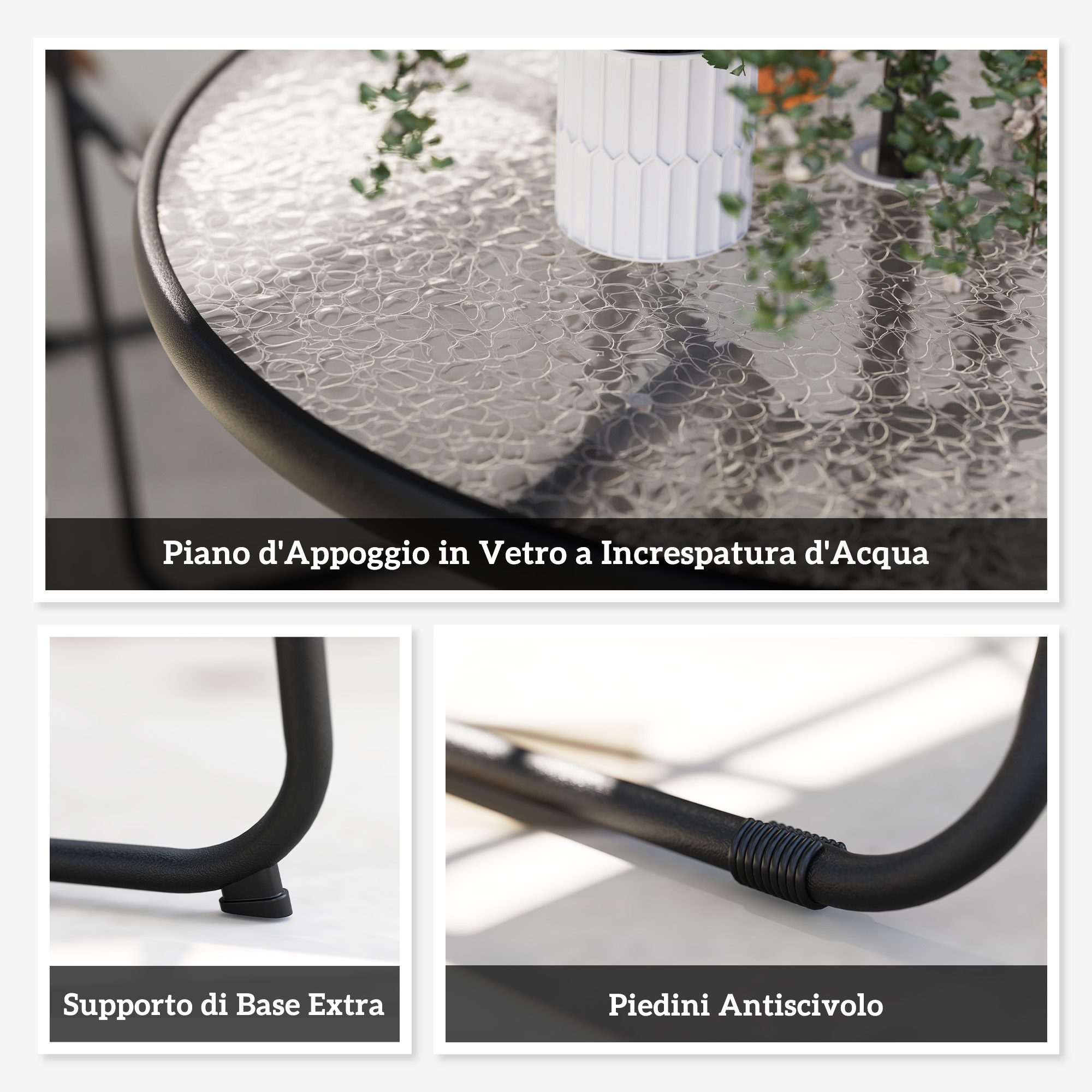 Piano tavolo in vetro con motivo a onde d'acqua, cornice in metallo nero.