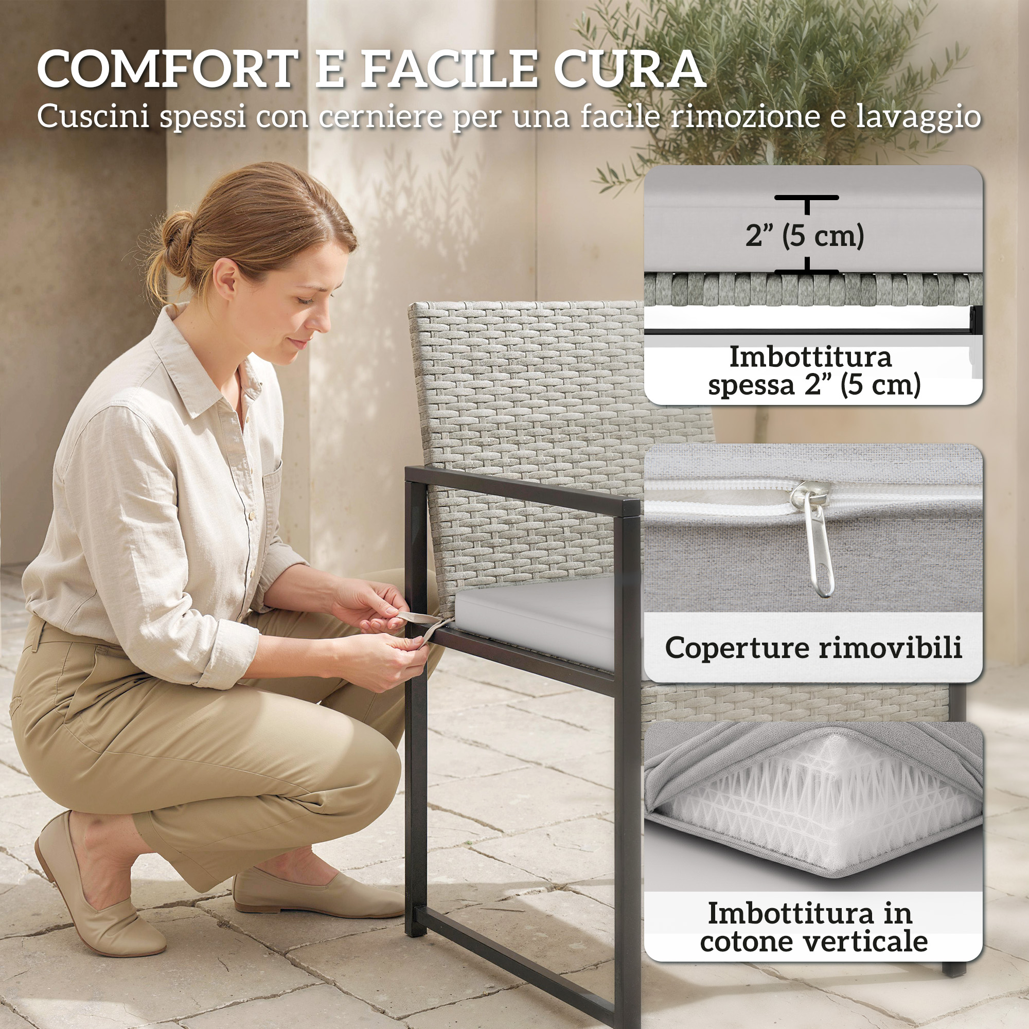 Donna sistema cuscino su sedia grigia. Dettagli mostrano imbottitura spessa 5cm.