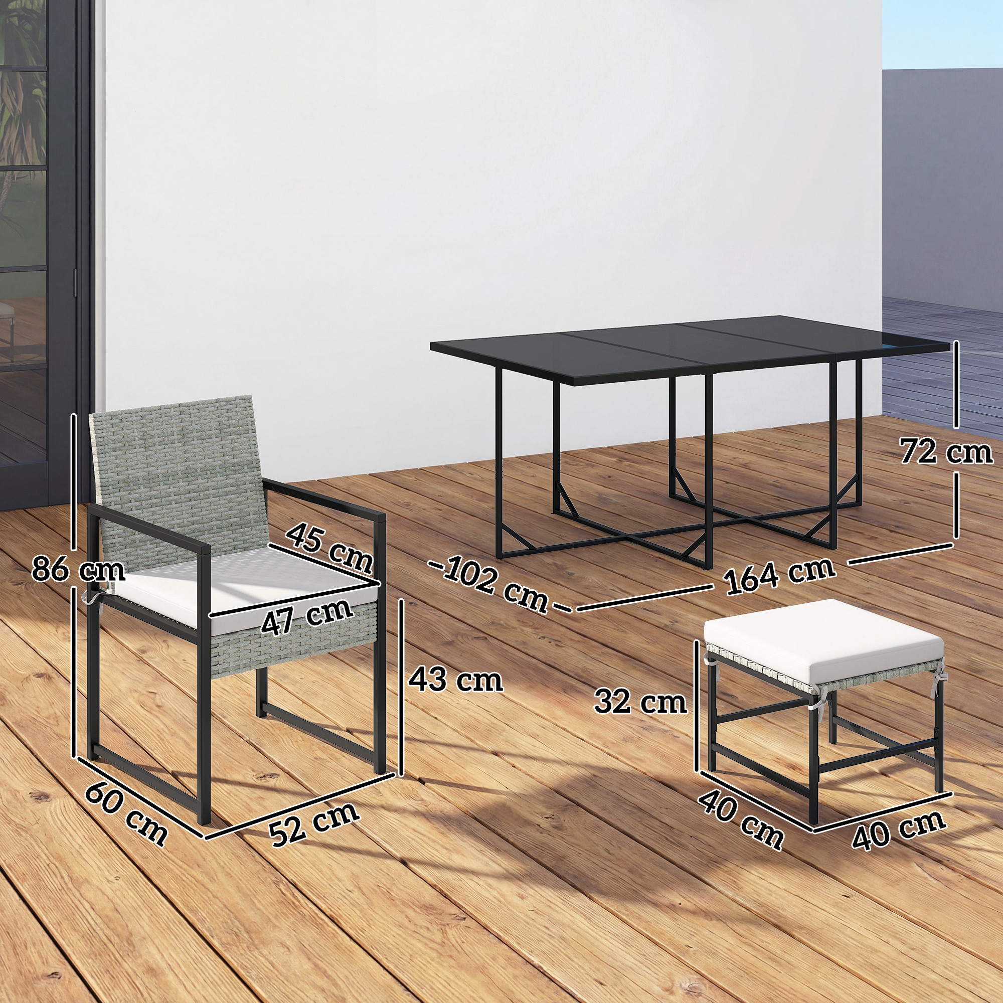 Set di mobili da esterno: sedia grigia in rattan, tavolo nero, sgabello bianco con dimensioni.