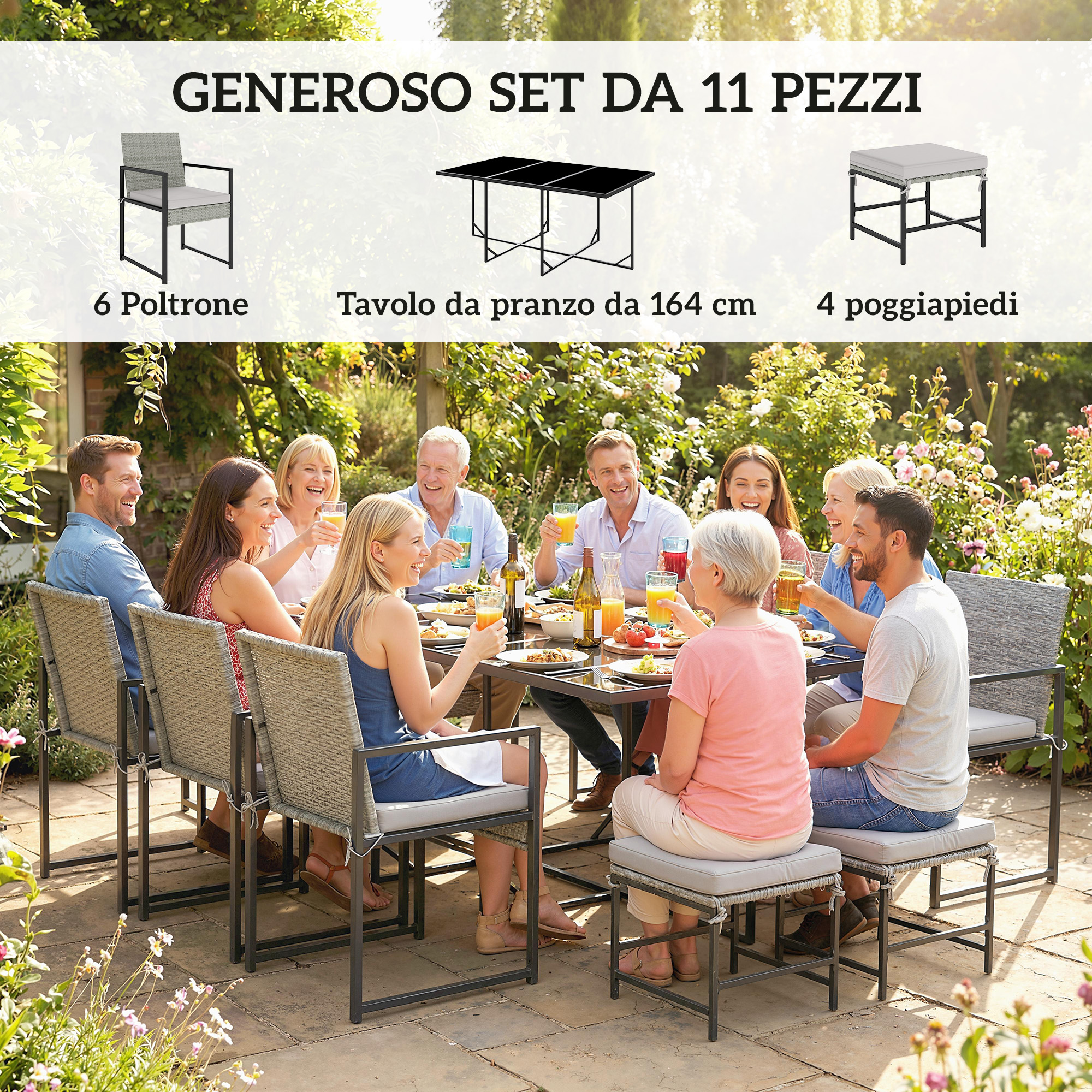 Una famiglia si gode un pasto soleggiato in giardino con bevande e cibo in un moderno set da pranzo all'aperto.