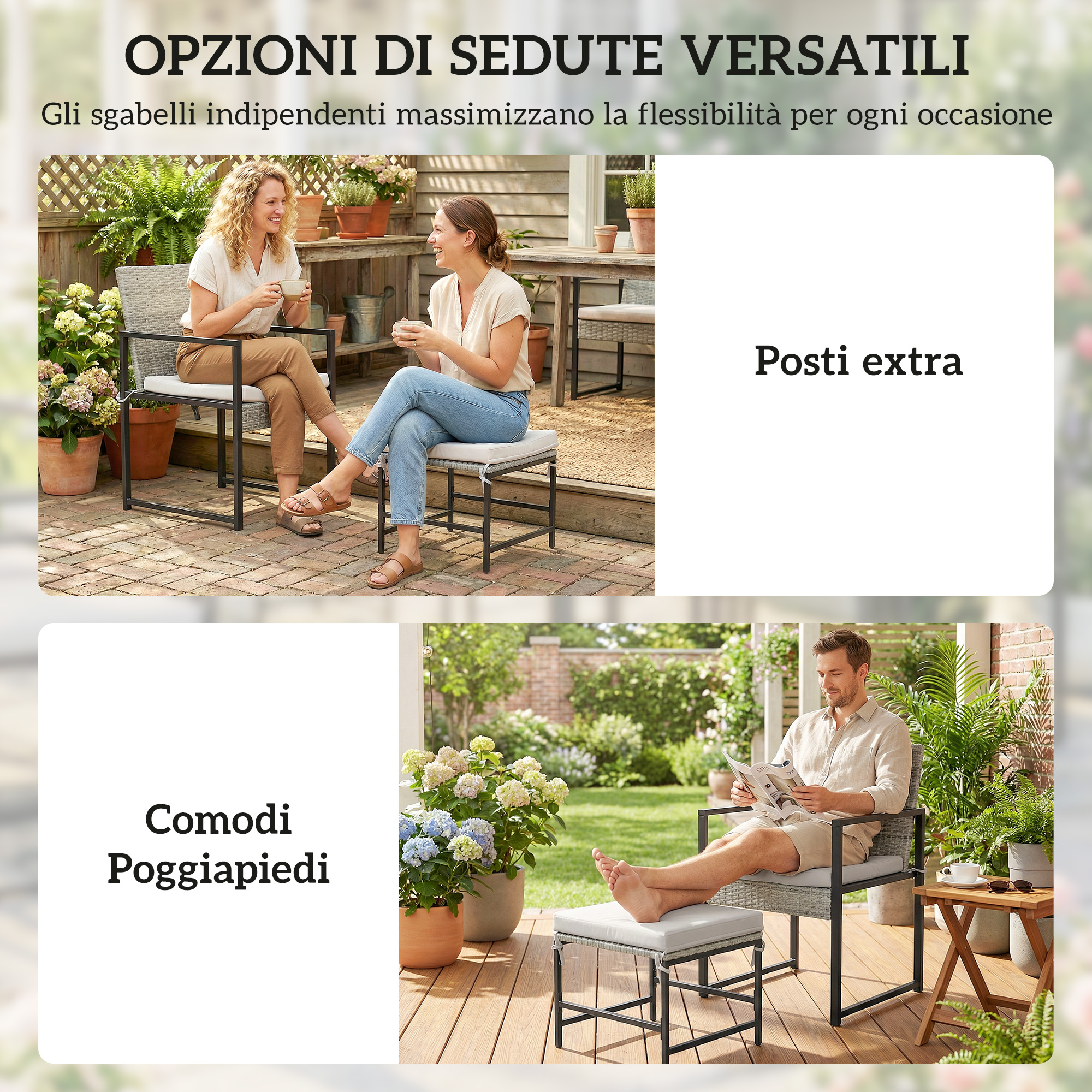 Due donne siedono fuori. Un uomo legge.
