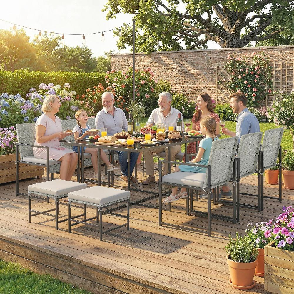 Una famiglia si gode un pasto all'aperto su un ponte di legno, circondata da fiori.