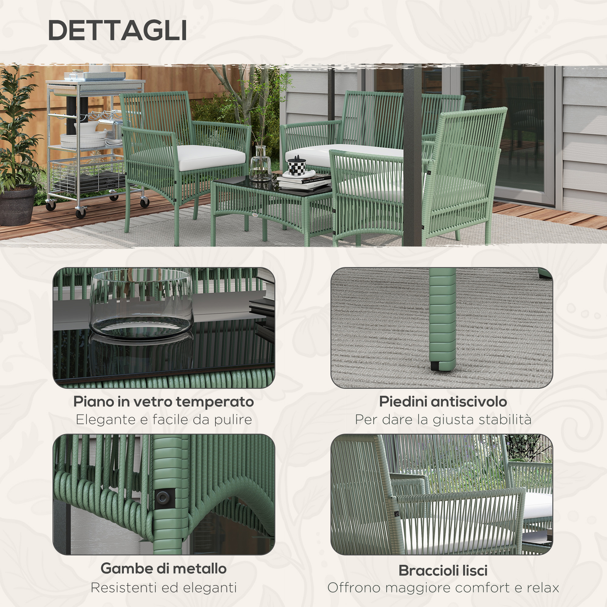 Set di mobili da giardino verdi con tavolo e sedie, dettagli su piano, piedi, gambe e braccioli.