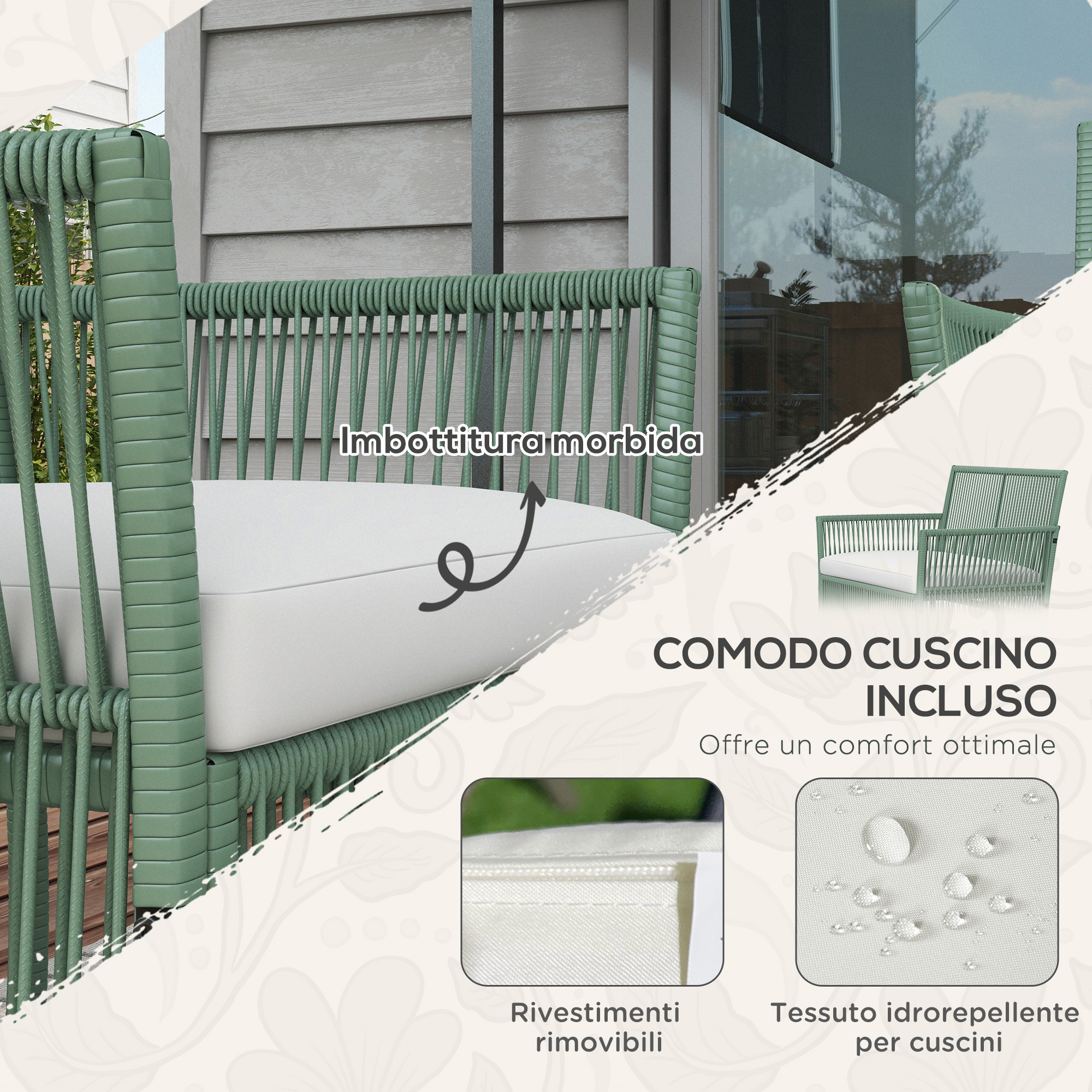 Poltrona in rattan verde con cuscino bianco, rivestimenti sfoderabili e idrorepellenti.