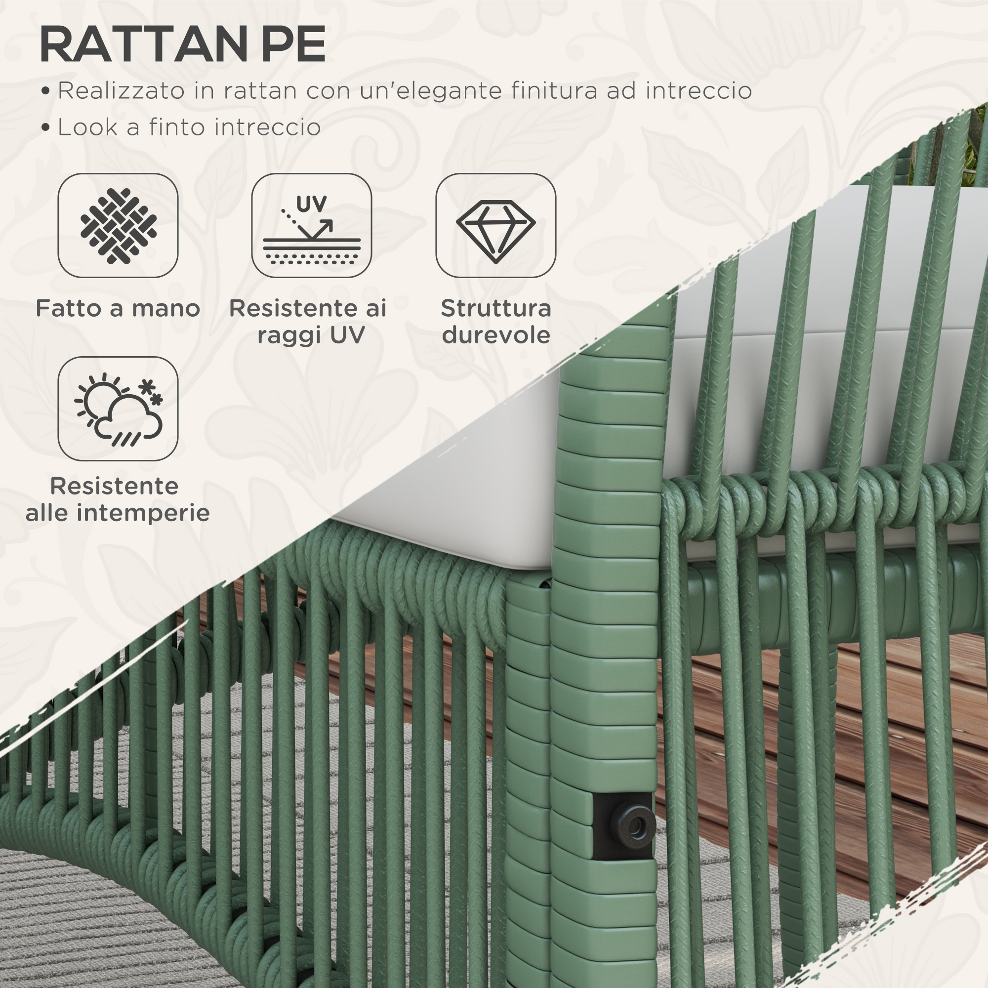 Sedia in rattan verde con icone per fatto a mano, resistenza UV e intemperie.