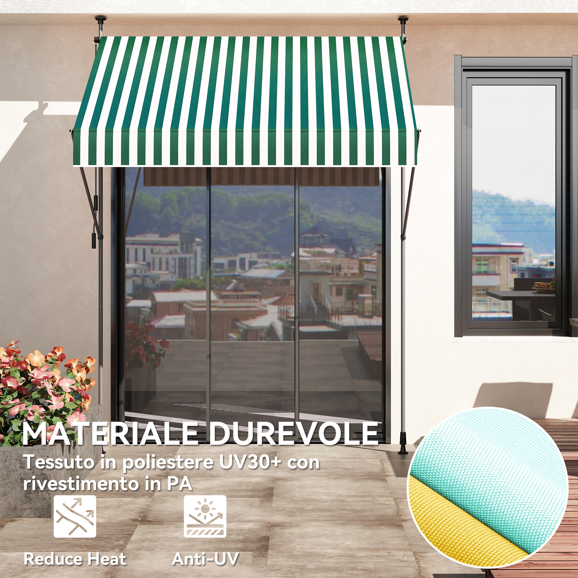 Tessuto tenda a righe verdi e bianche su porte finestre, con campione.