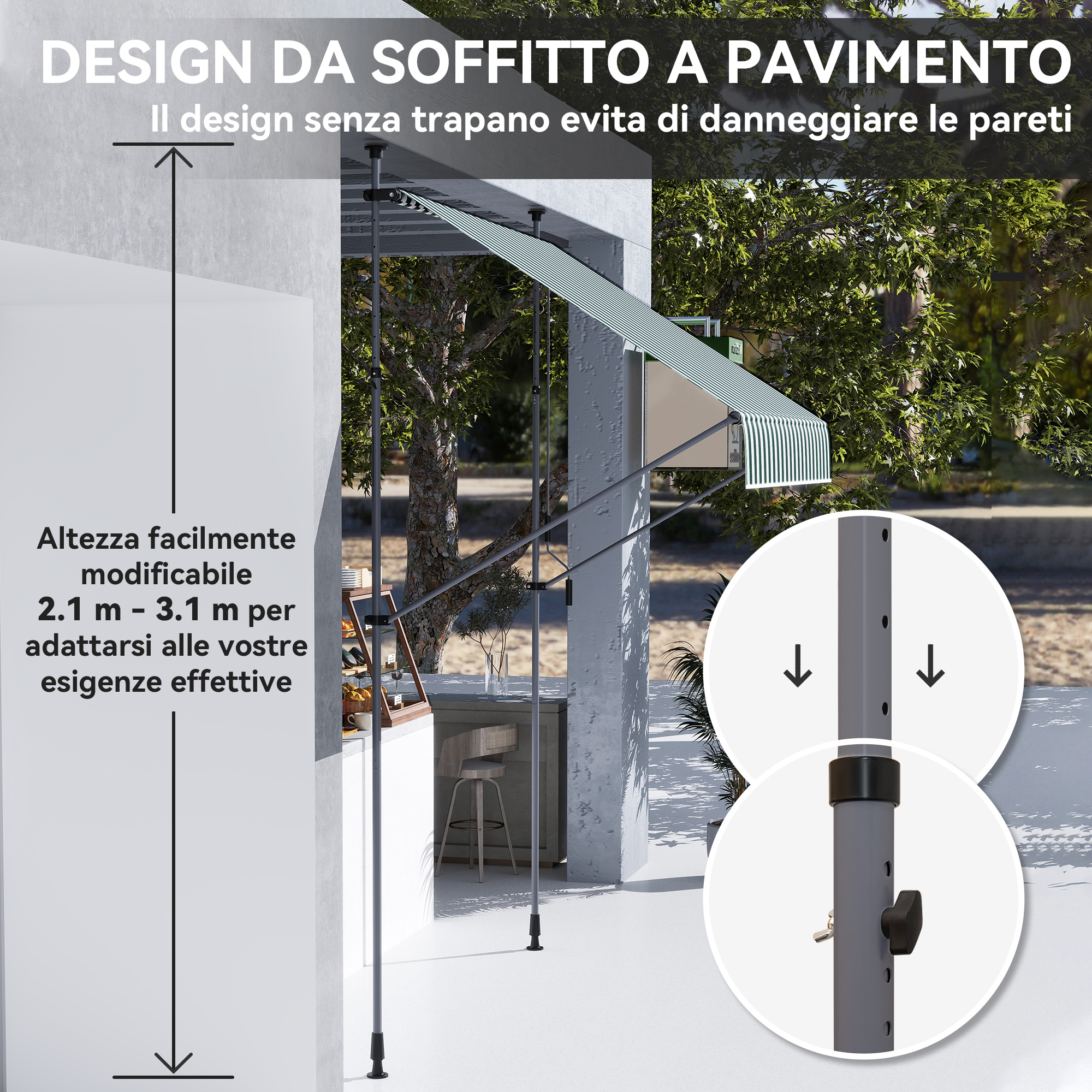 Tenda da soffitto a pavimento, altezza regolabile 2,1-3,1m.