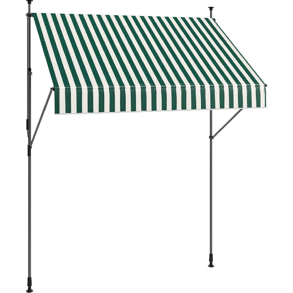 Tenda a strisce verdi e bianche supportata da due pali su sfondo bianco.