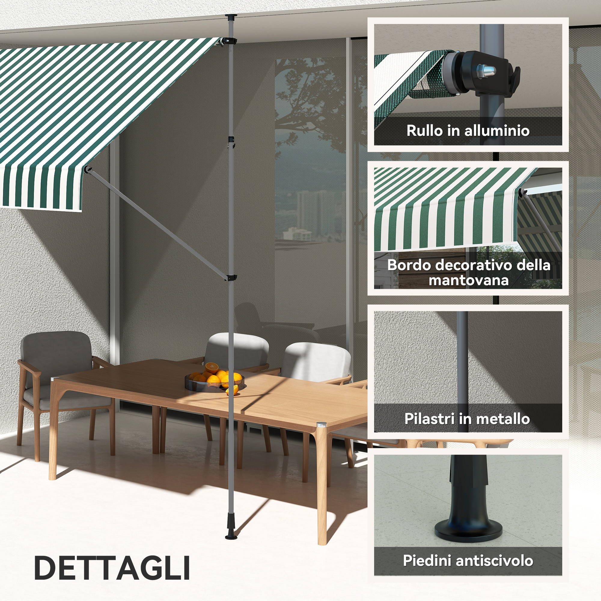 Terrazza con tenda a righe, tavolo, sedie e dettagli della tenda.