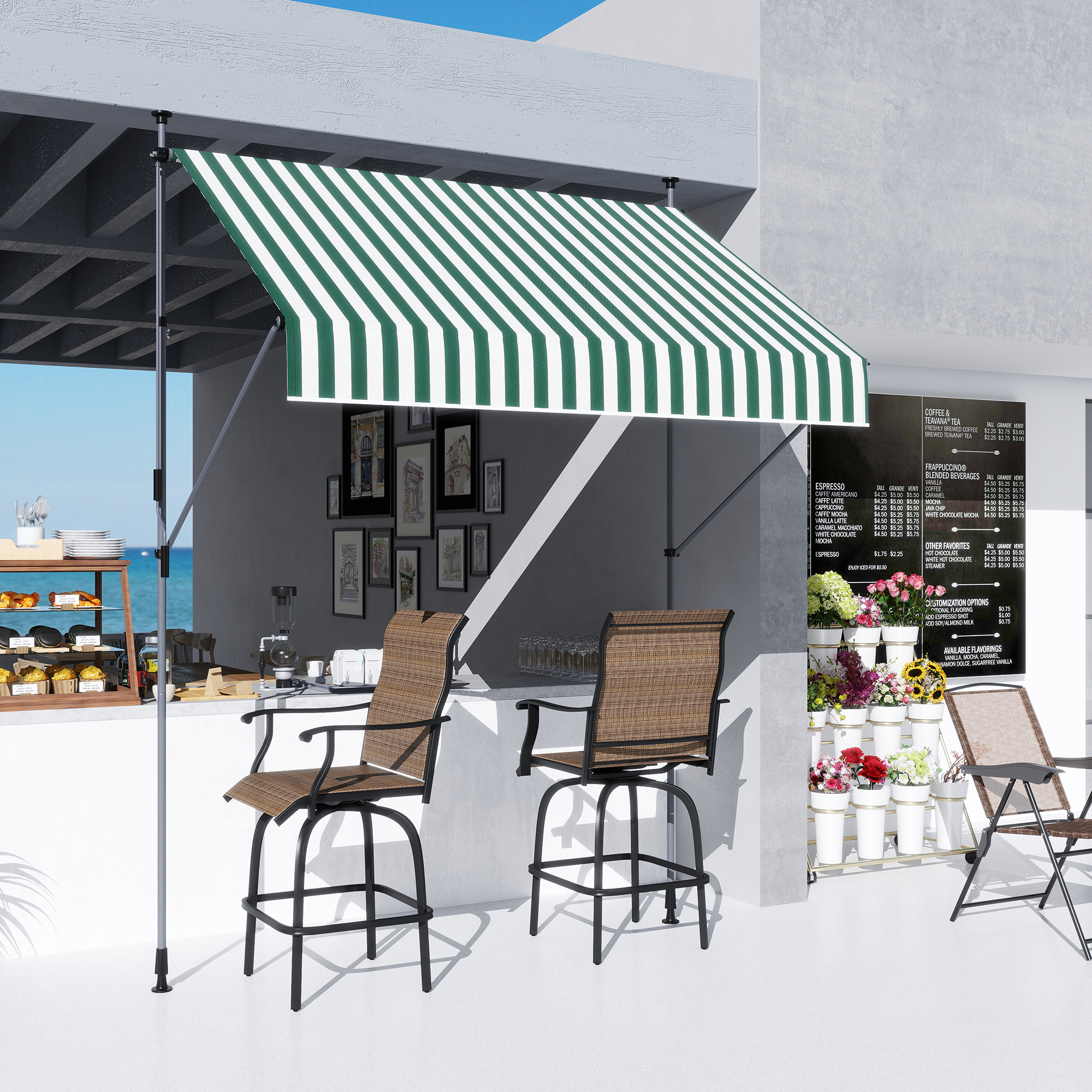 Un'area salotto all'aperto con bar, due sgabelli, tenda da sole e fiori.
