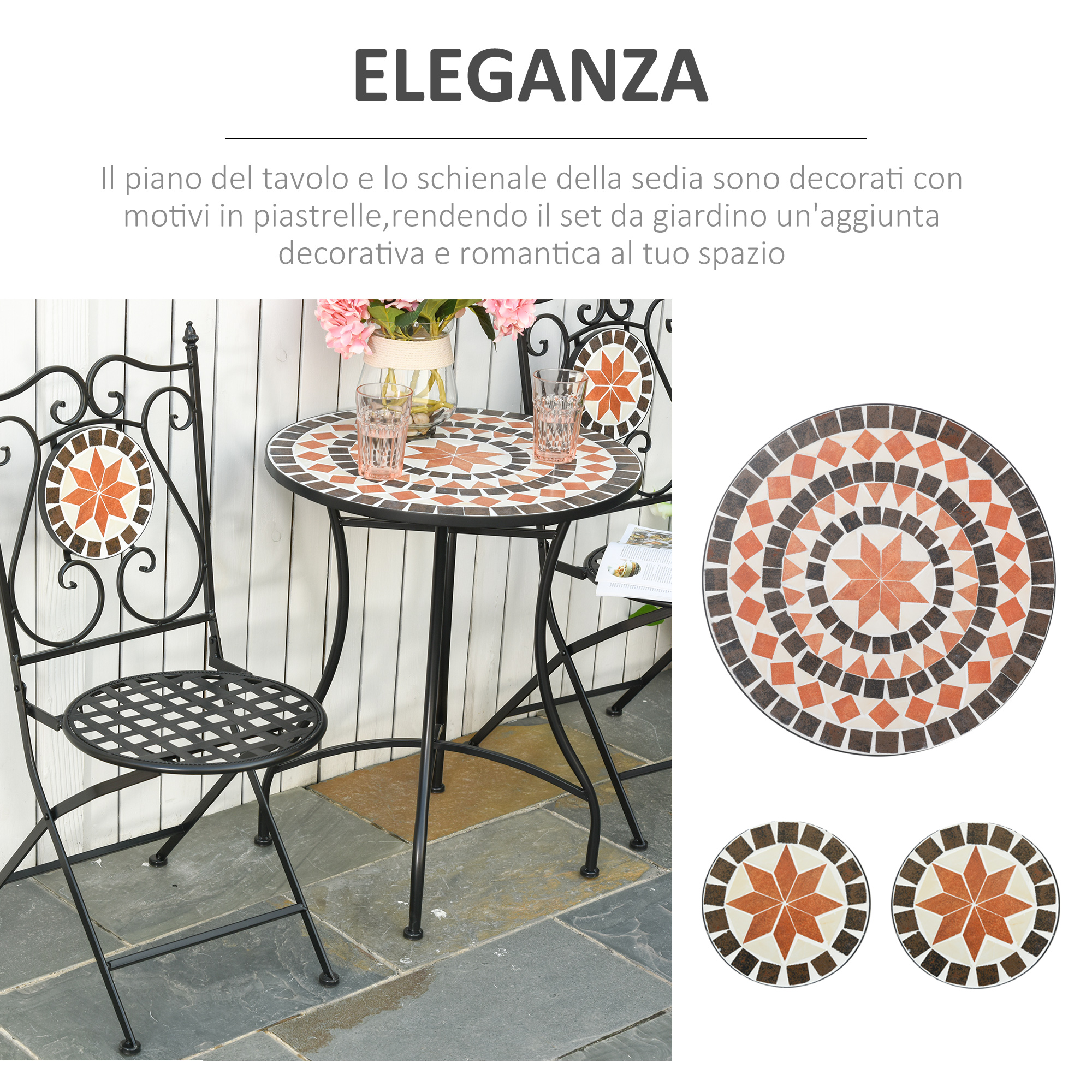 Tavolo e sedia in mosaico con cornici in metallo nero e dettagli in mosaico.