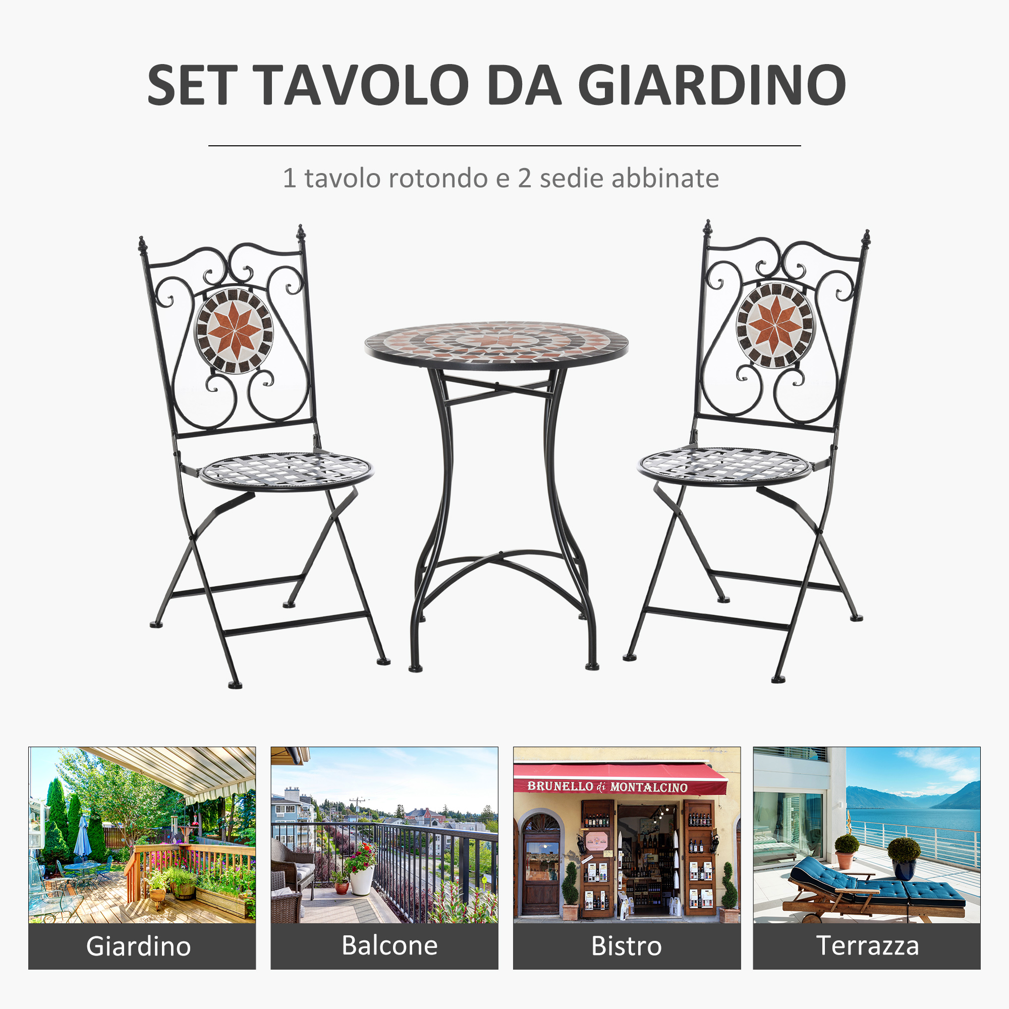 Set tavolo da giardino con mosaico, due sedie e quattro scene: giardino, balcone, bistrò, terrazza.