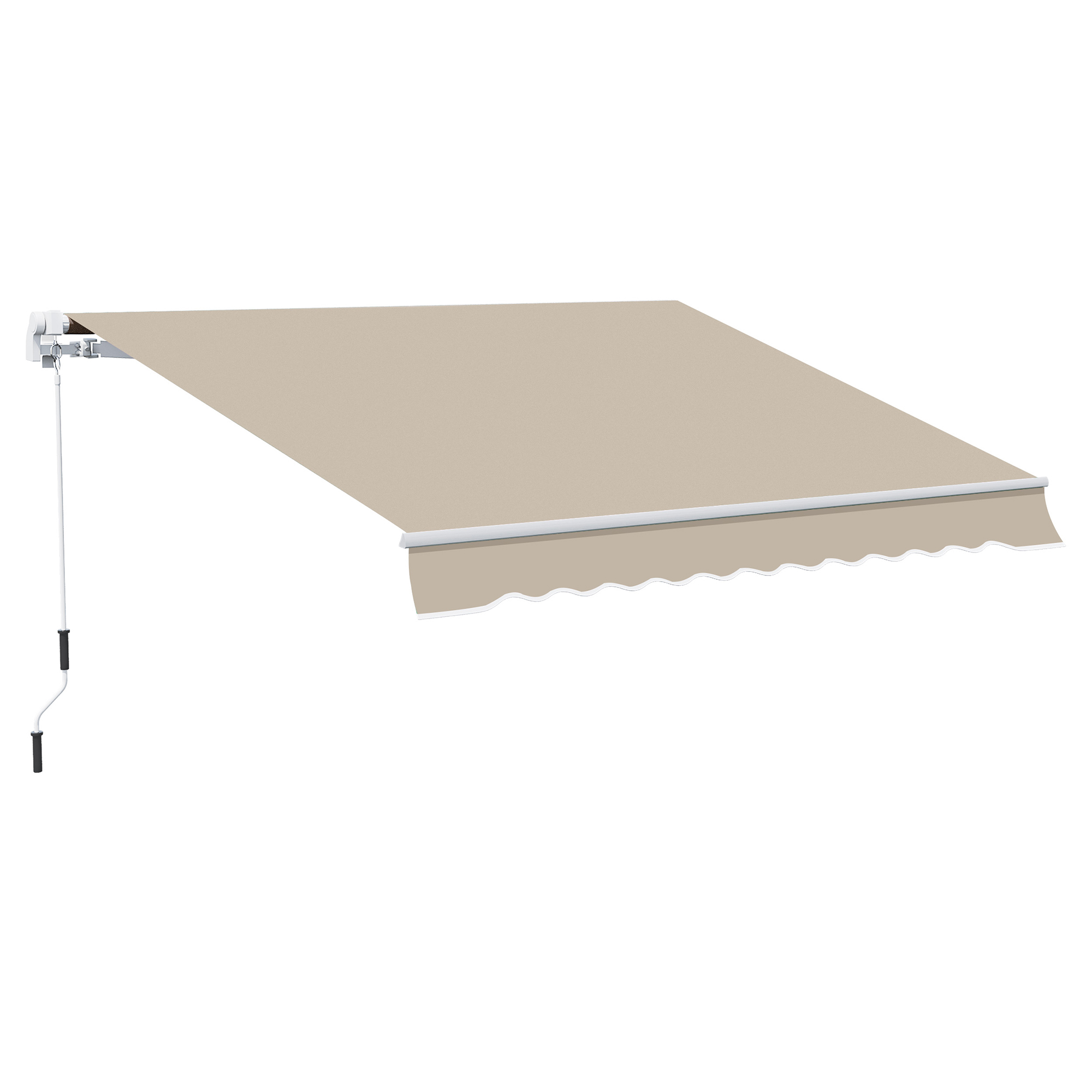 Una tenda da sole beige estesa con una manovella.