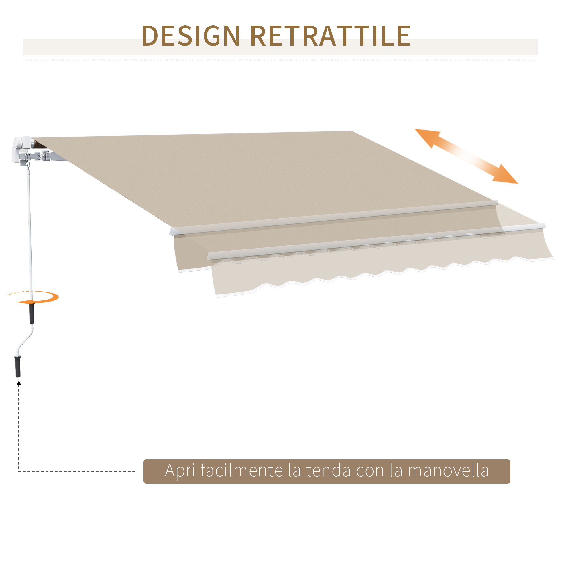 Un tessuto da tenda retrattile beige con manovella e frecce che indicano il movimento.