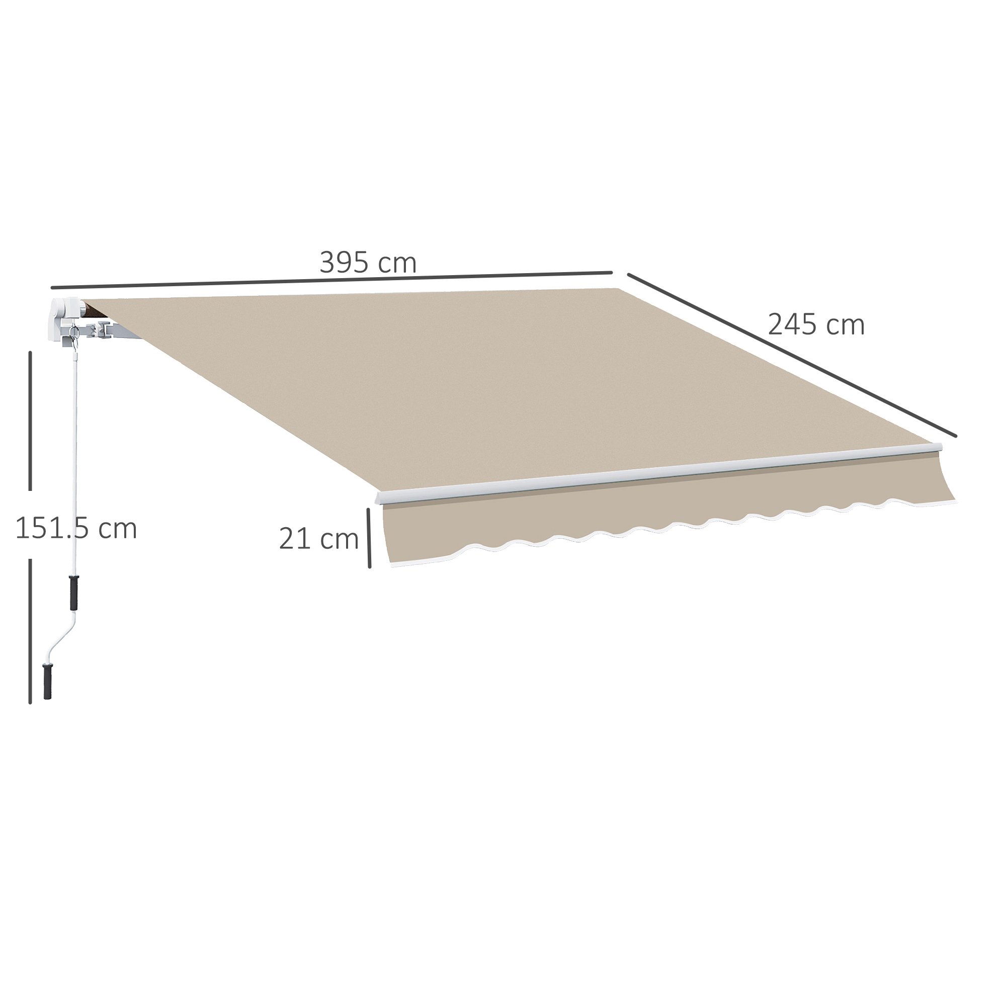 Una tenda da sole beige estesa, con dimensioni: 395cm larghezza, 245cm sporgenza, 151,5cm altezza, 21cm orlo.