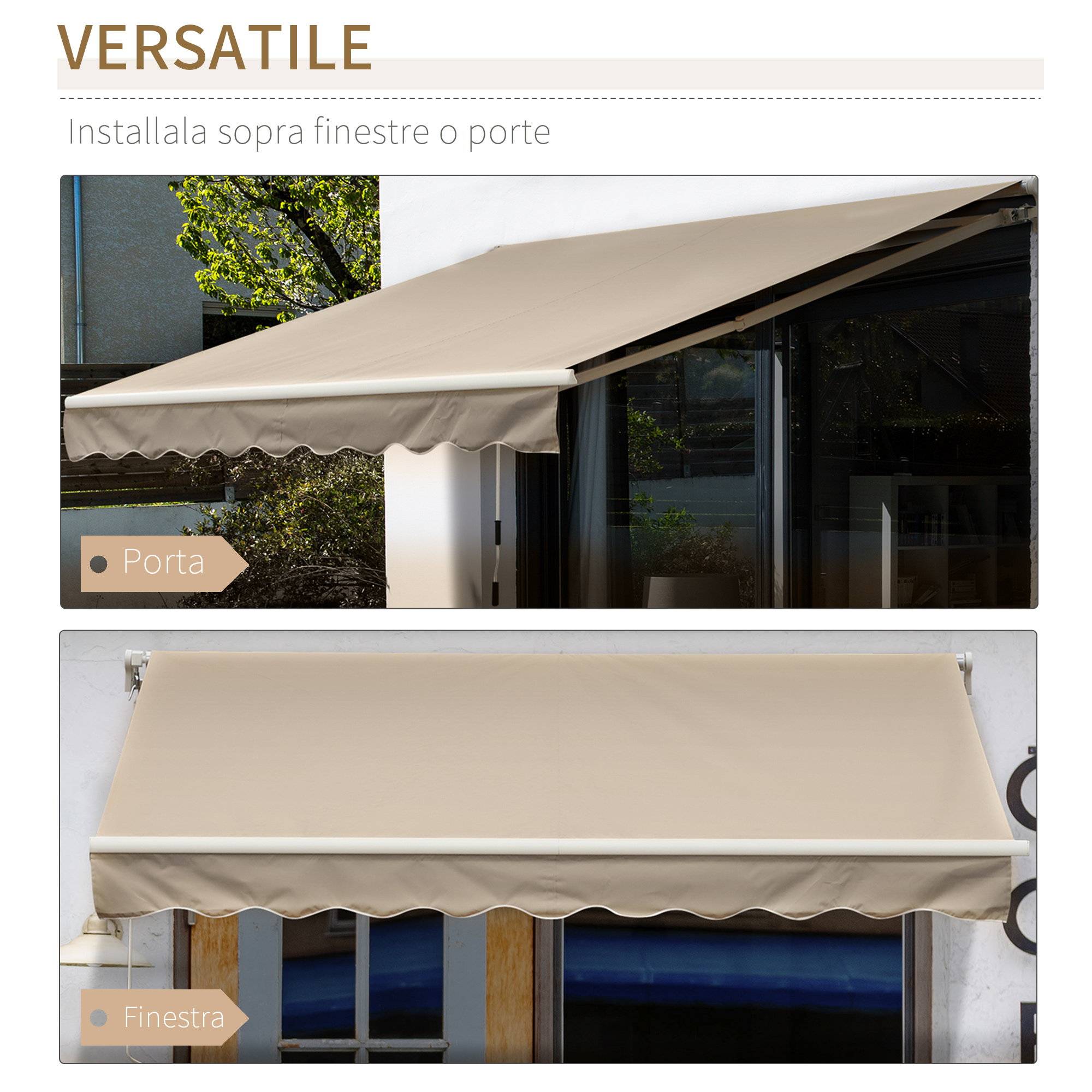 Una tenda da sole beige estesa sopra una porta e una finestra.