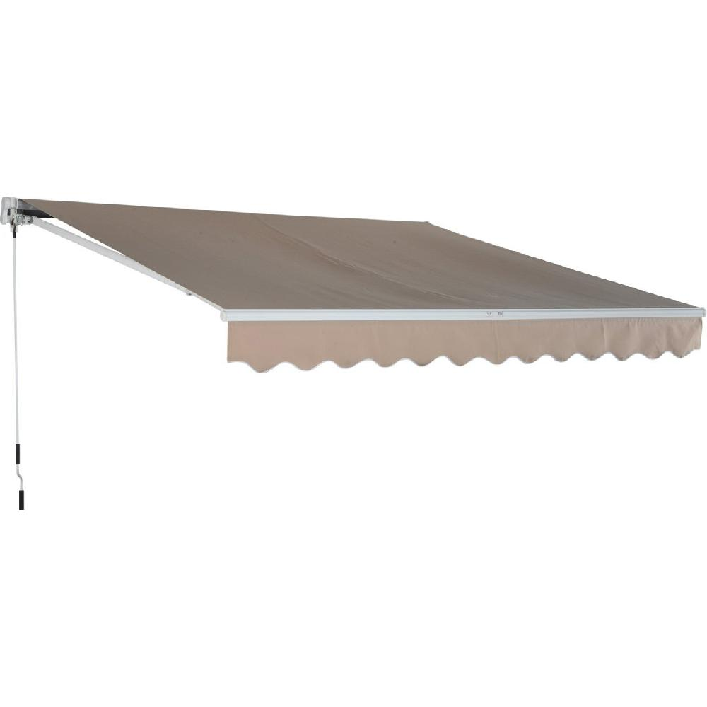 Una tenda da sole estesa con tessuto marrone e telaio bianco, con un bordo smerlato bianco.