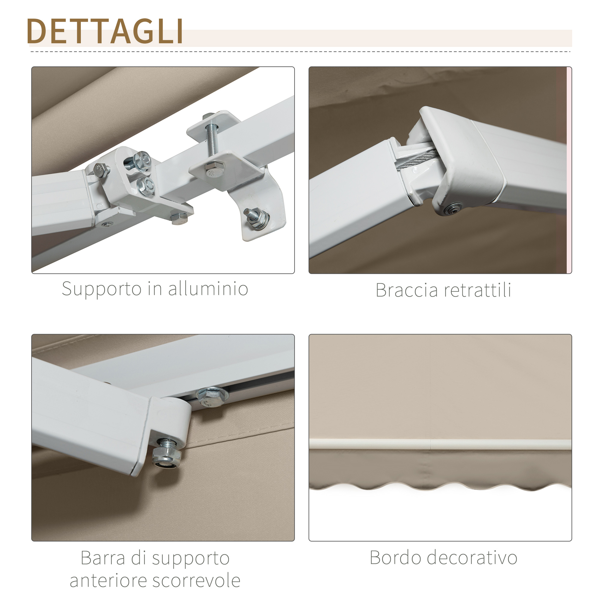 Dettagli ravvicinati di una tenda da sole retrattile: staffa, bracci, barra e bordo decorativo.