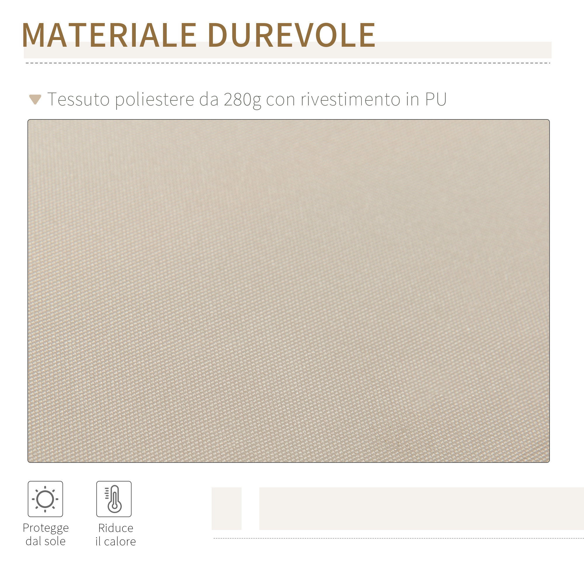 Tessuto poliestere beige con rivestimento PU, protezione solare, riduzione calore.