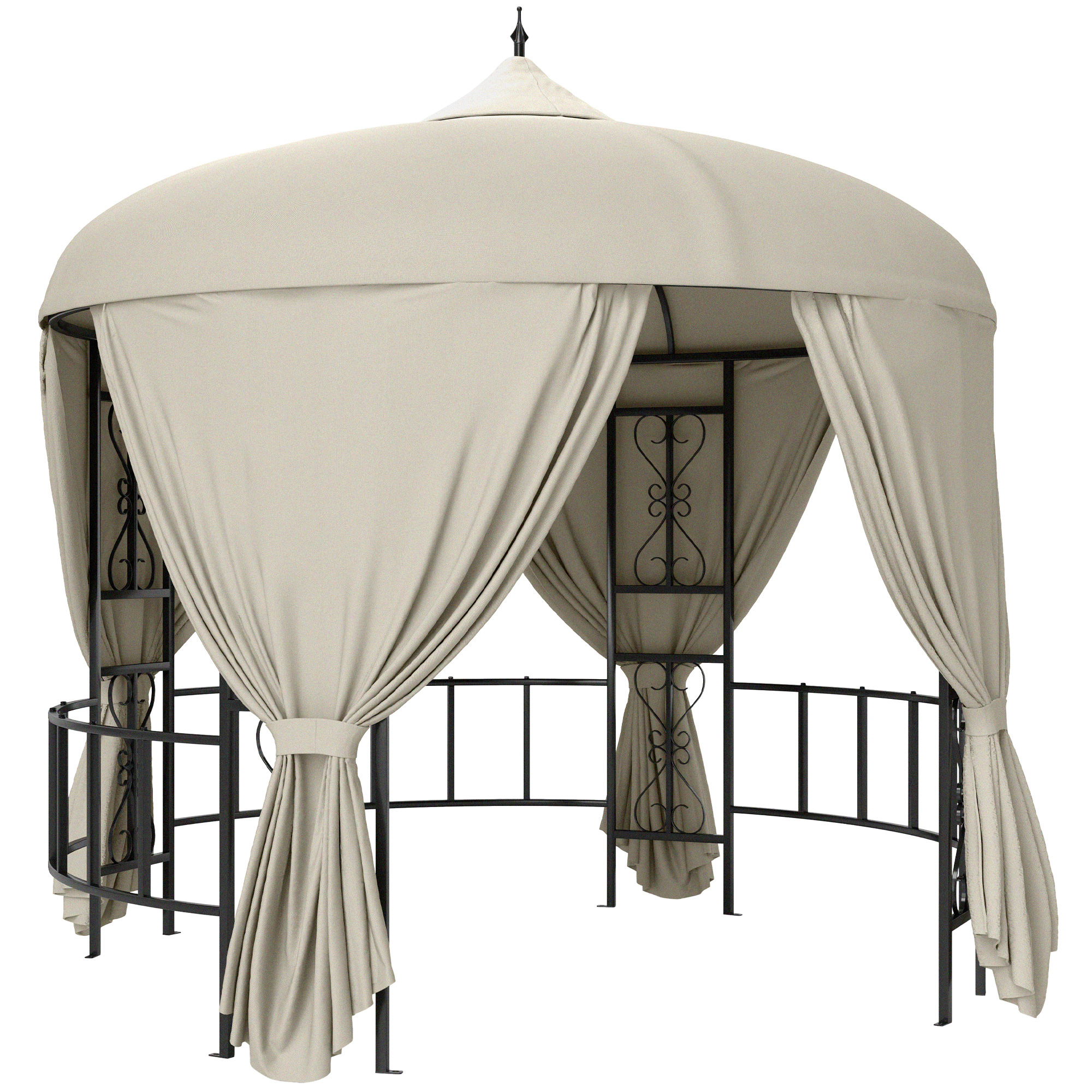 Un gazebo beige con telaio in metallo nero e volute decorative. Le tende pendono dal tetto.