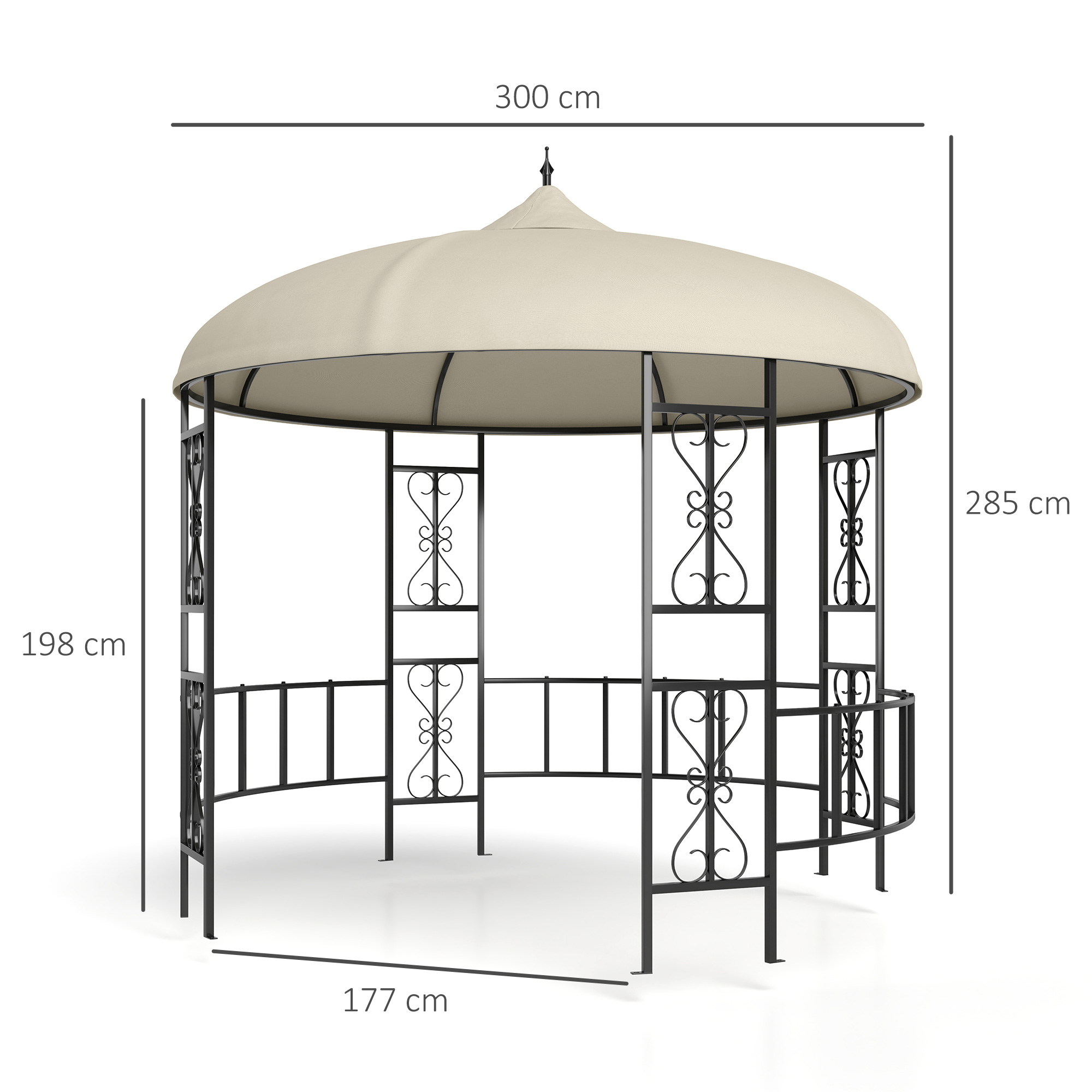 Un gazebo beige con supporti in metallo nero e decorazioni a volute.