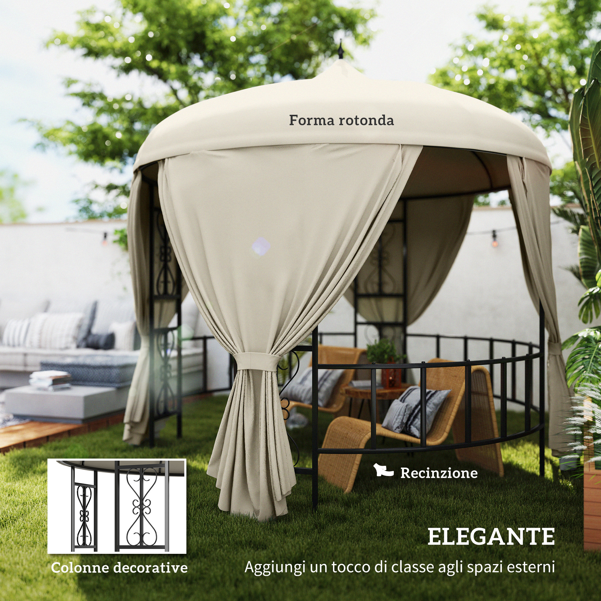 Un gazebo rotondo con tende e sedute da esterno, con colonne decorative.