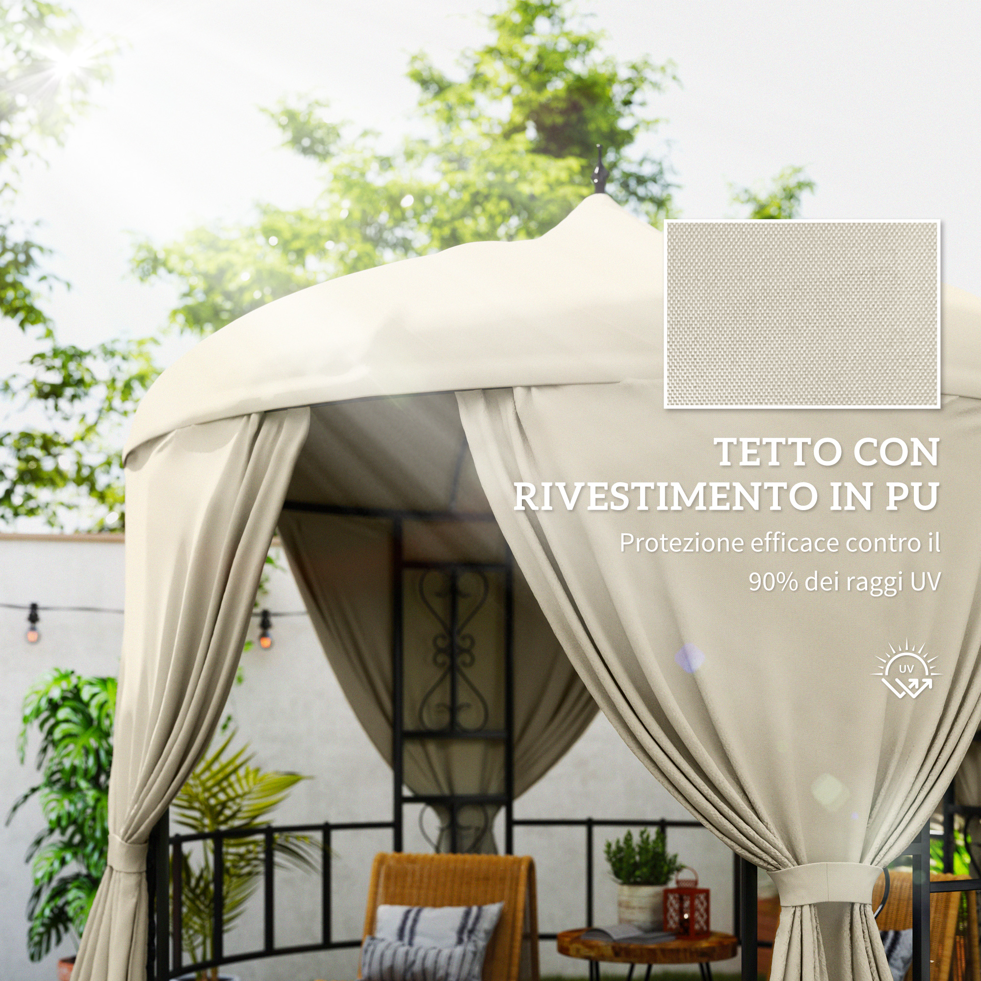 Copertura gazebo beige con trama dettagliata e icona di protezione UV.