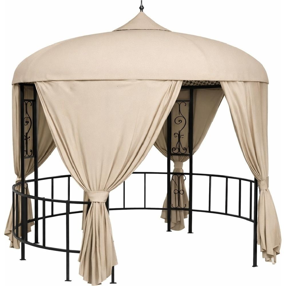 Un gazebo beige con struttura in metallo nero e tende.
