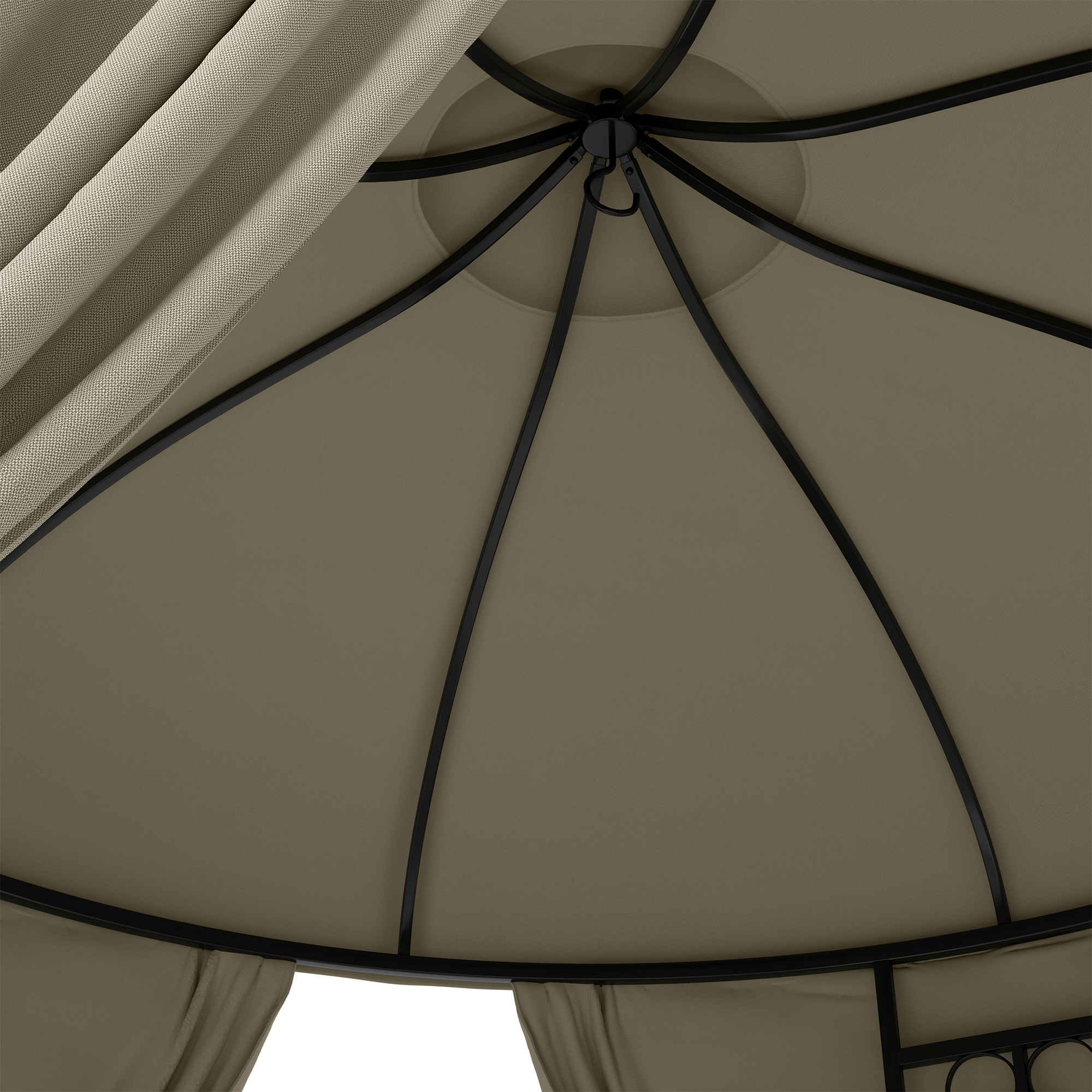 L'interno di una gazebo con tetto in tessuto color cuoio e struttura in metallo nero.
