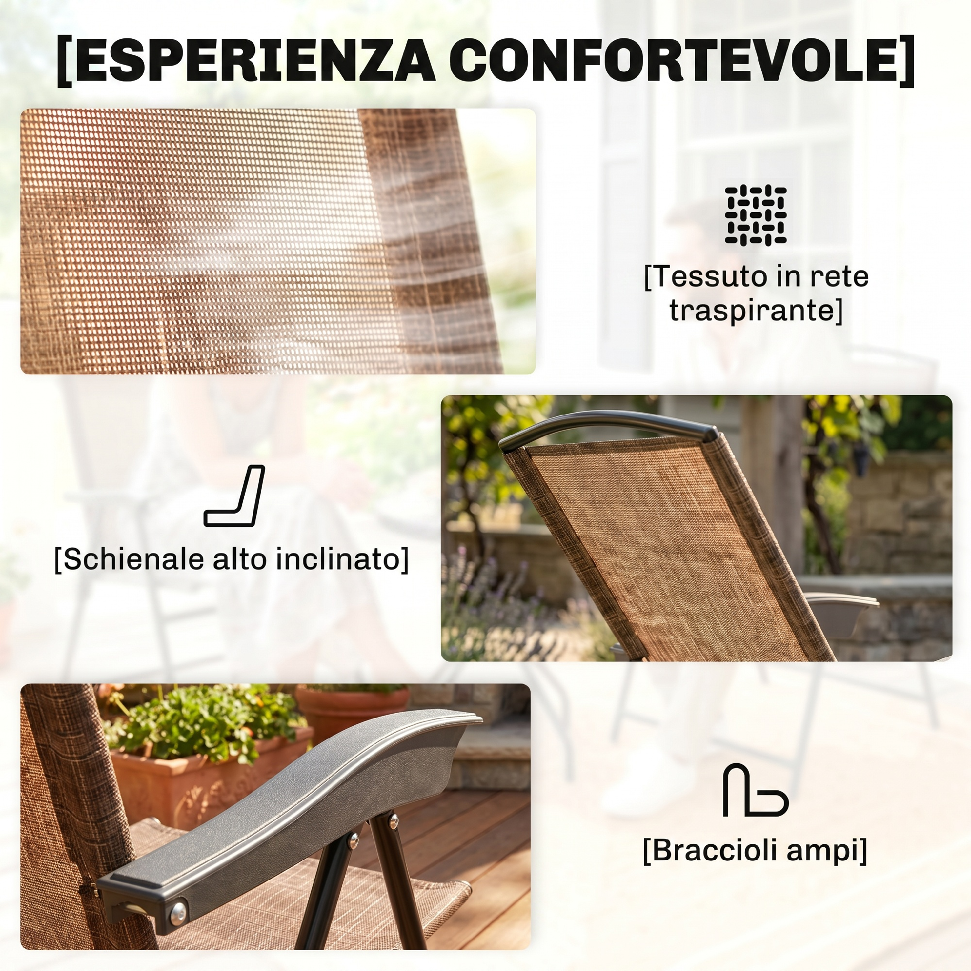 Sedia comoda con tessuto a rete, schienale alto e braccioli ampi.