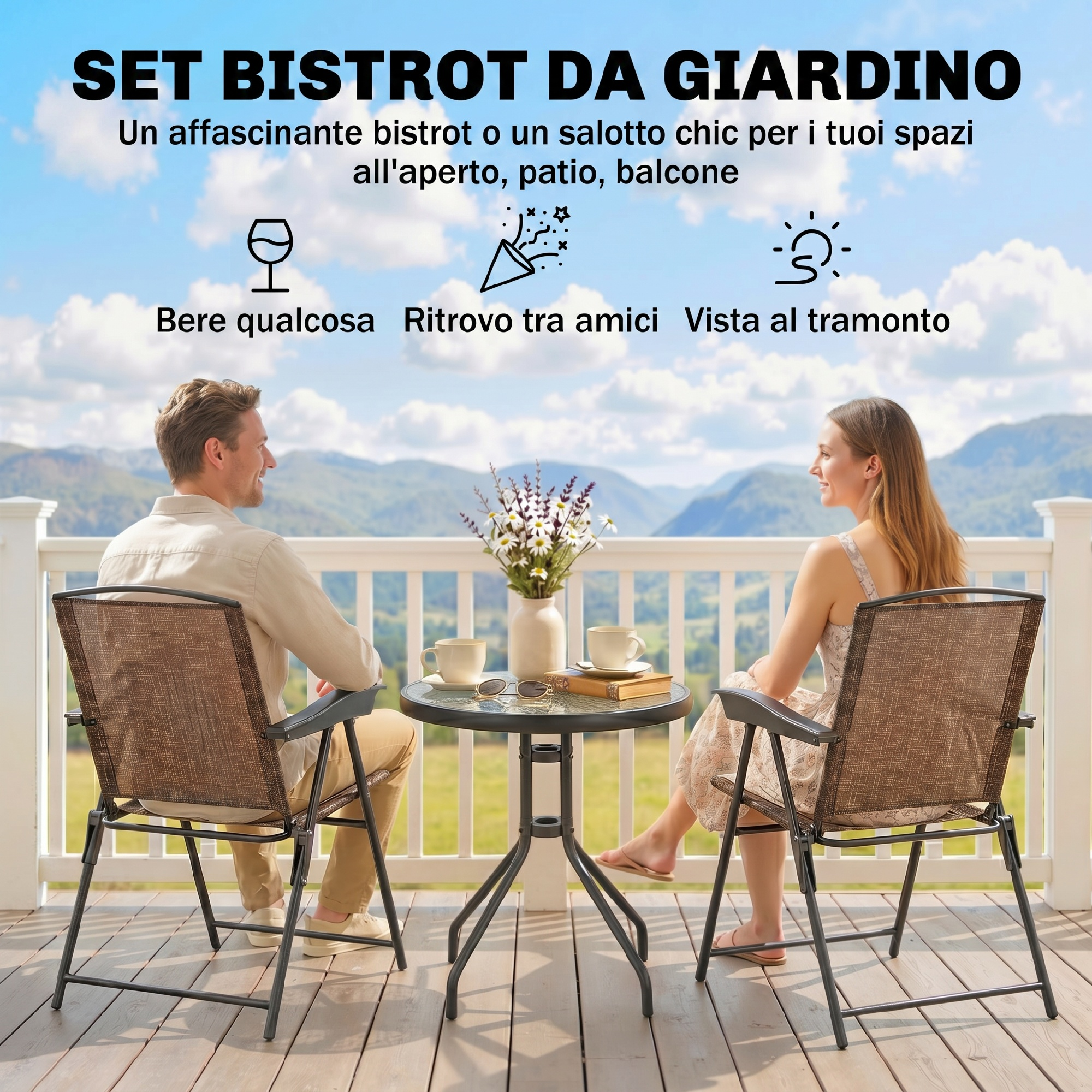 Uomo e donna siedono su un balcone con vista sulle montagne. Un tavolo tra loro.