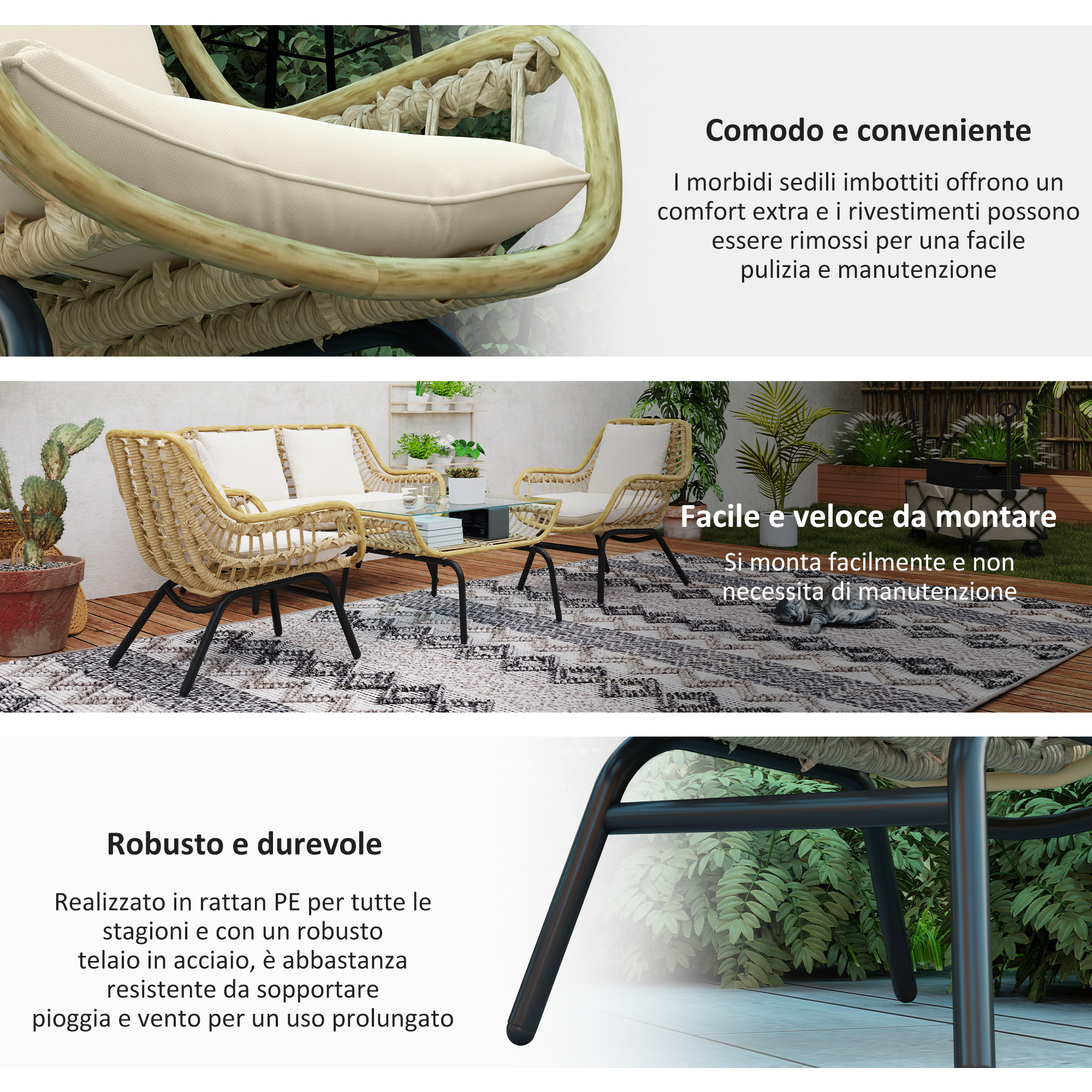 Comoda sedia sospesa con cuscini e intreccio in rattan.