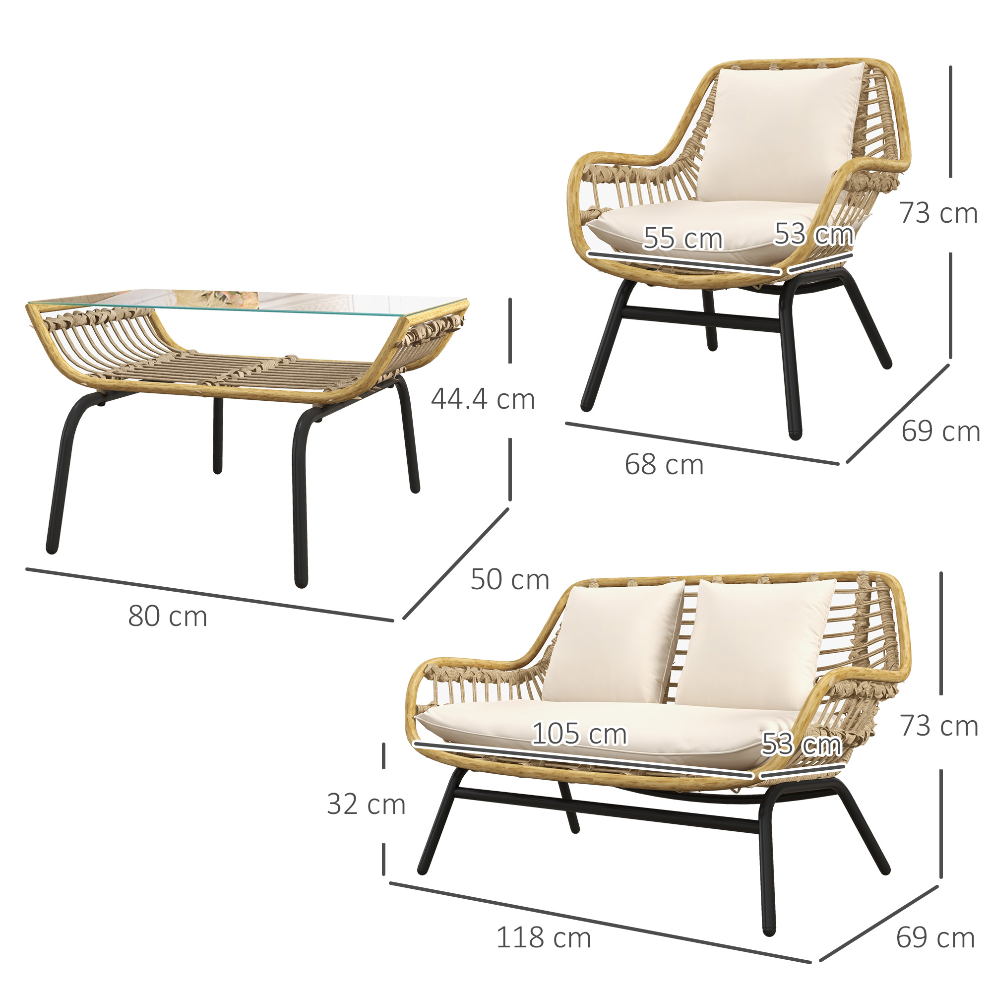 Divano e poltrona in rattan intrecciato con cuscini sul tavolo.