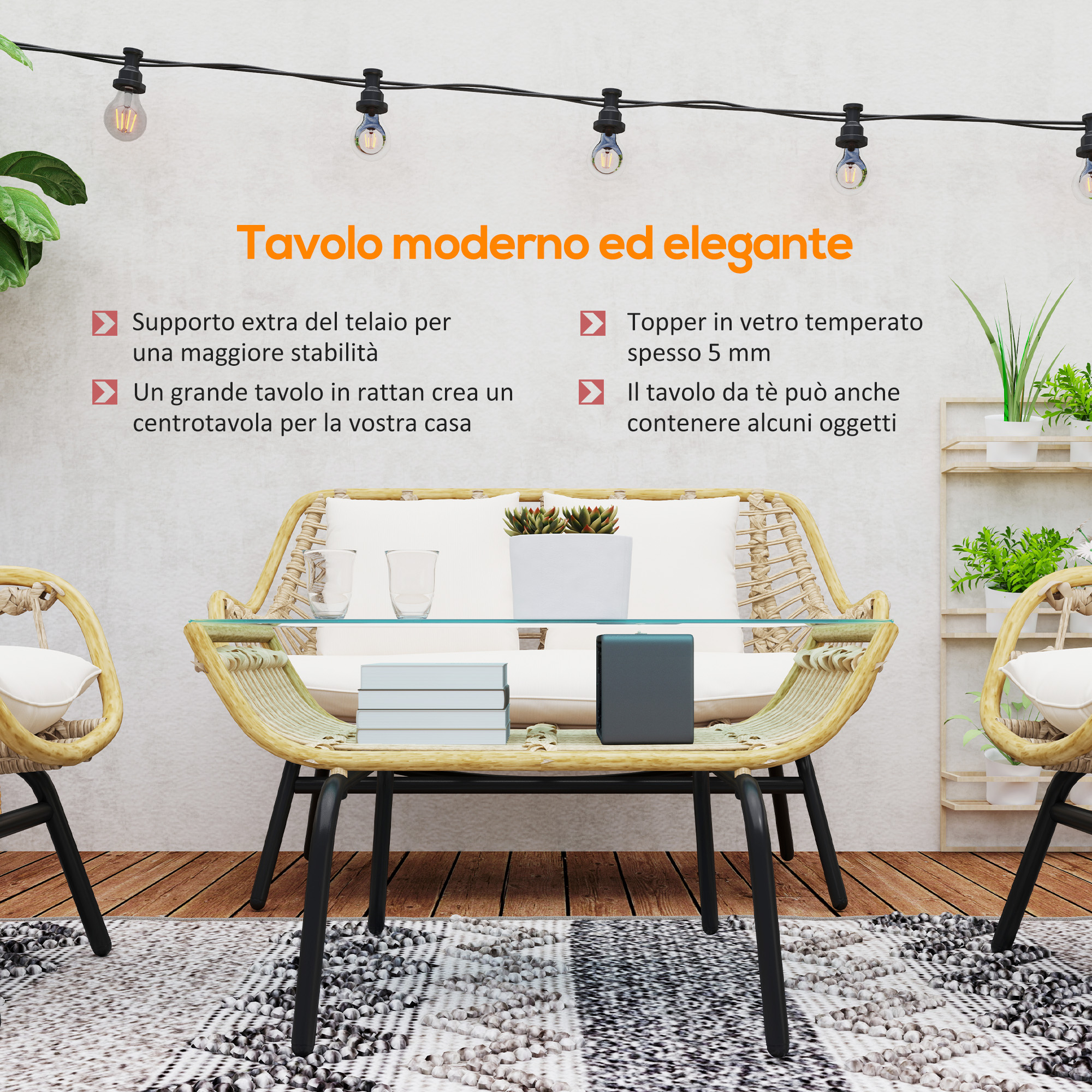 Tavolo moderno in rattan con piano in vetro, sedie e filo di luci.