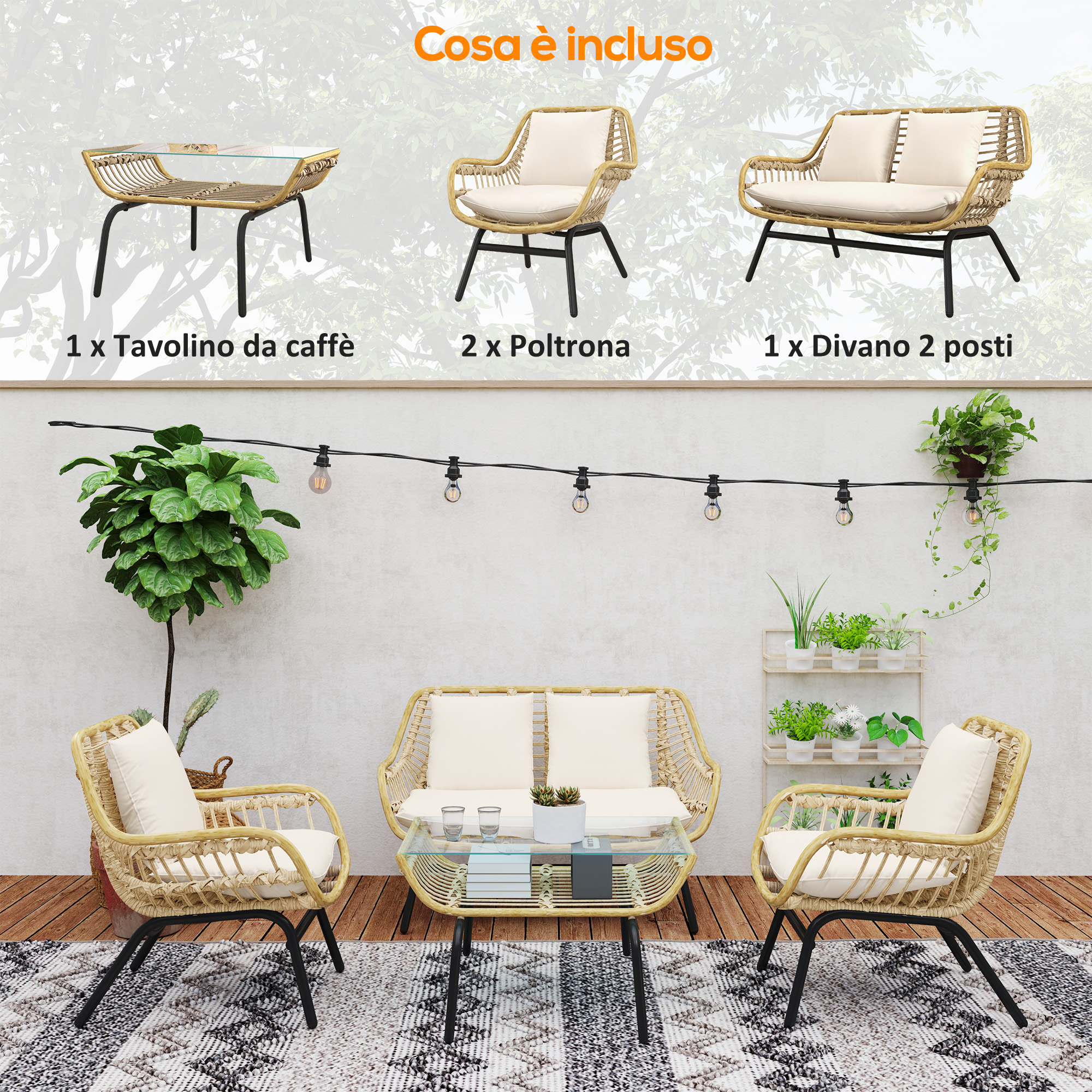 Set mobili in rattan con tavolino, 2 poltrone e divano 2 posti su deck.
