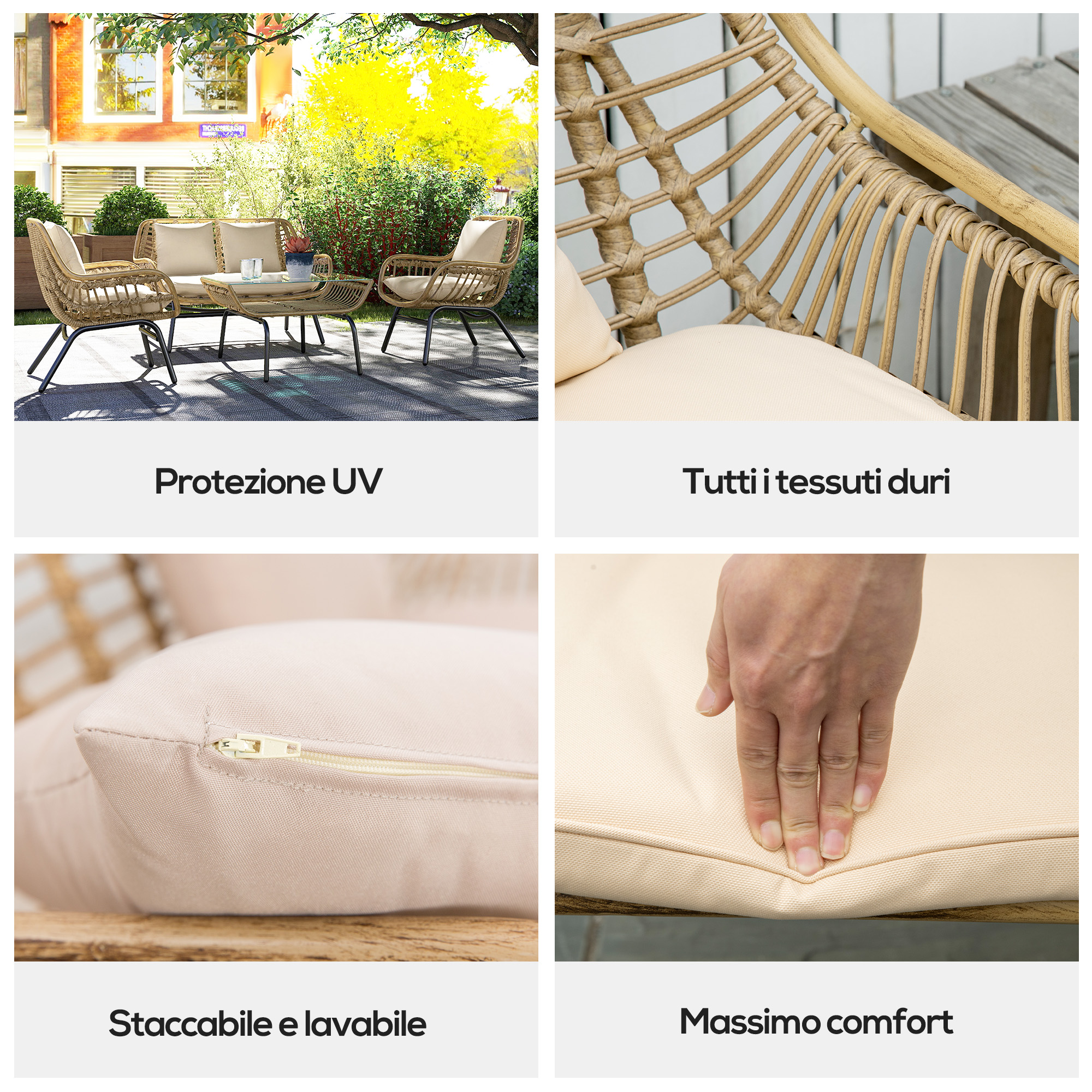 Arredo giardino effetto rattan: divano, sedie, tavolo con cuscini beige.