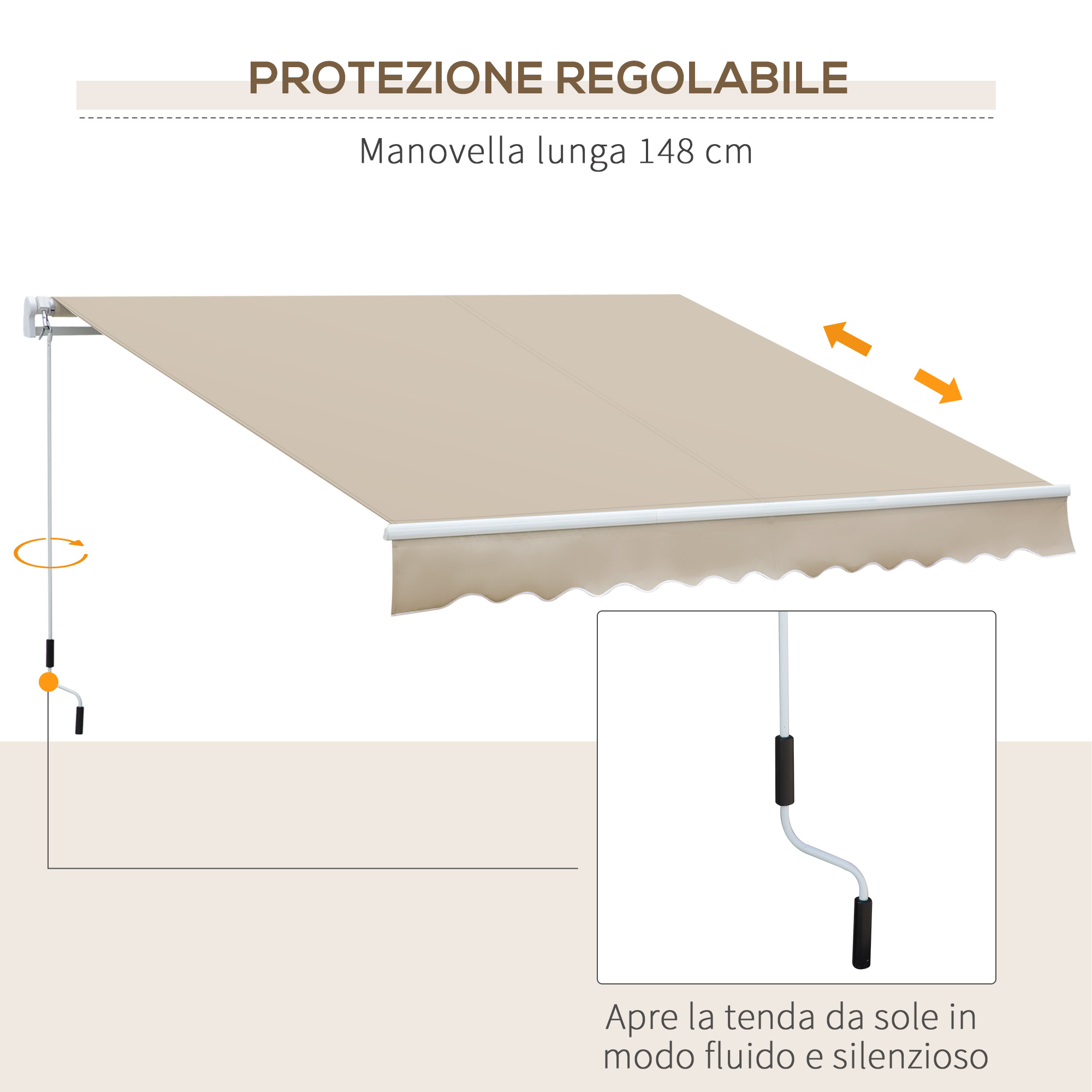 Una tenda da sole beige con meccanismo a manovella per aprire e chiudere. Frecce indicano movimento.