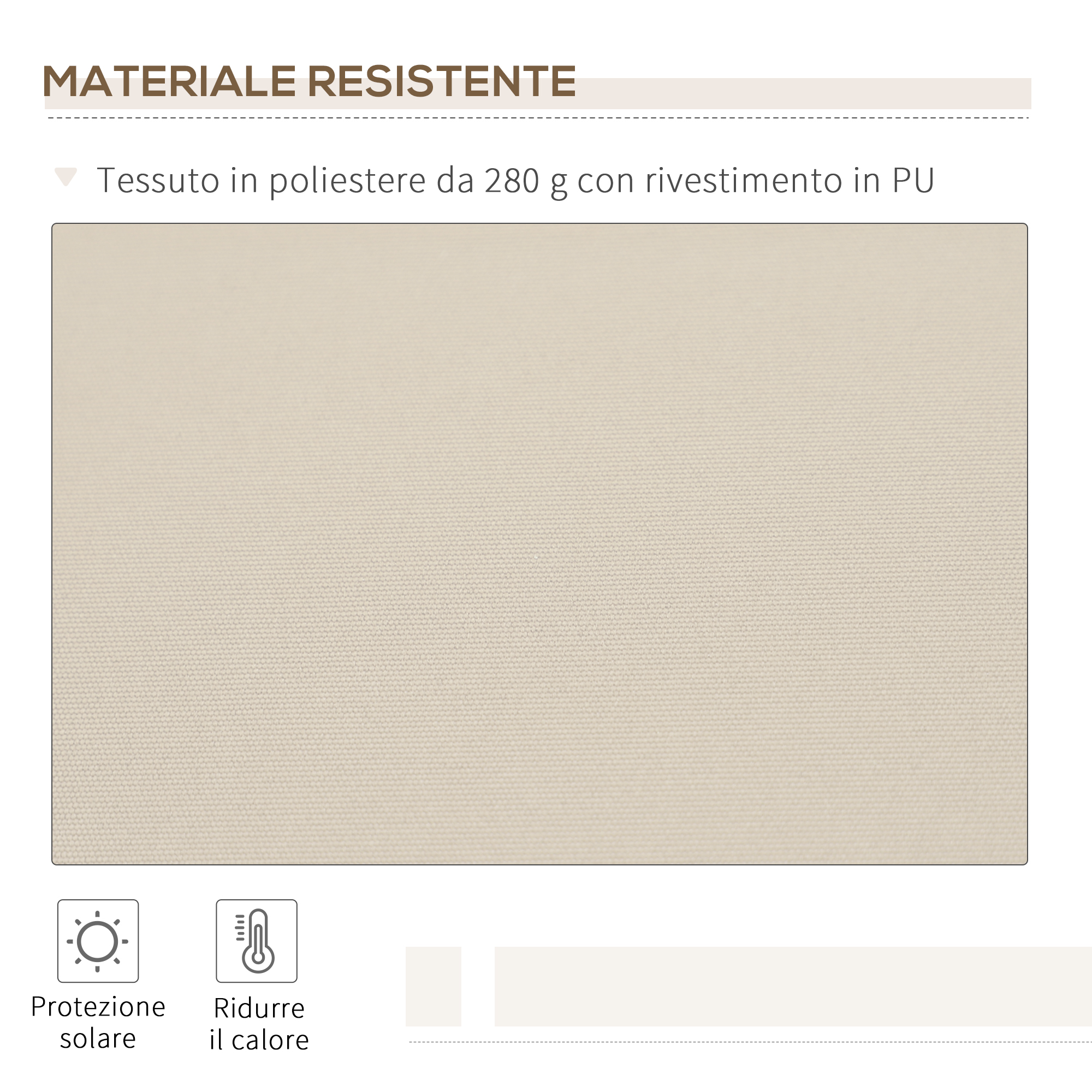Tessuto poliestere beige con rivestimento PU, icone protezione solare e calore.